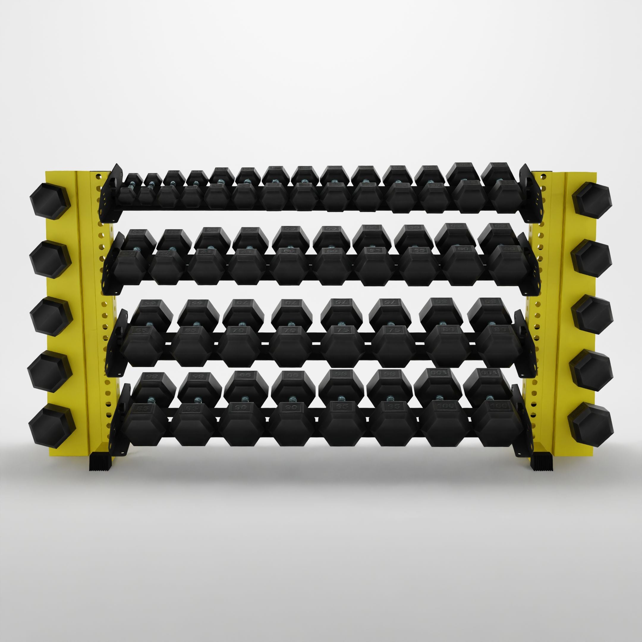 yellow 70-inch alpha 4-tier horizontal dumbbell rack with elite vertical add-ons storing hex dumbbells