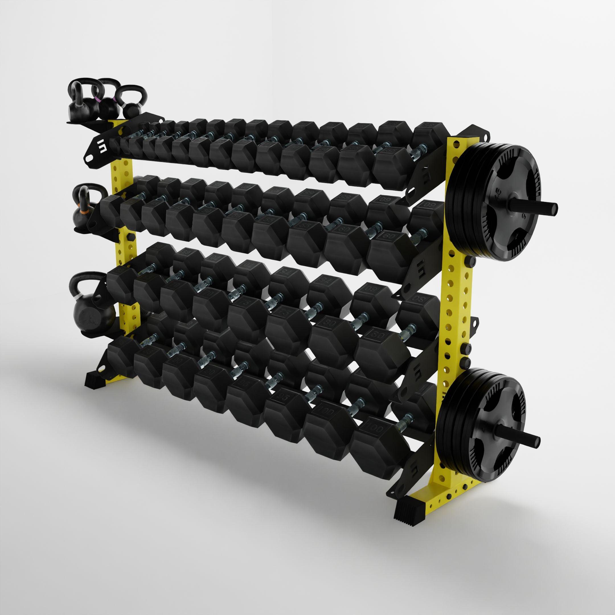 yellow 70-inch alpha 4-tier horizontal dumbbell rack storing dumbbells, weight plates, and kettlebells using storage attachment accessories