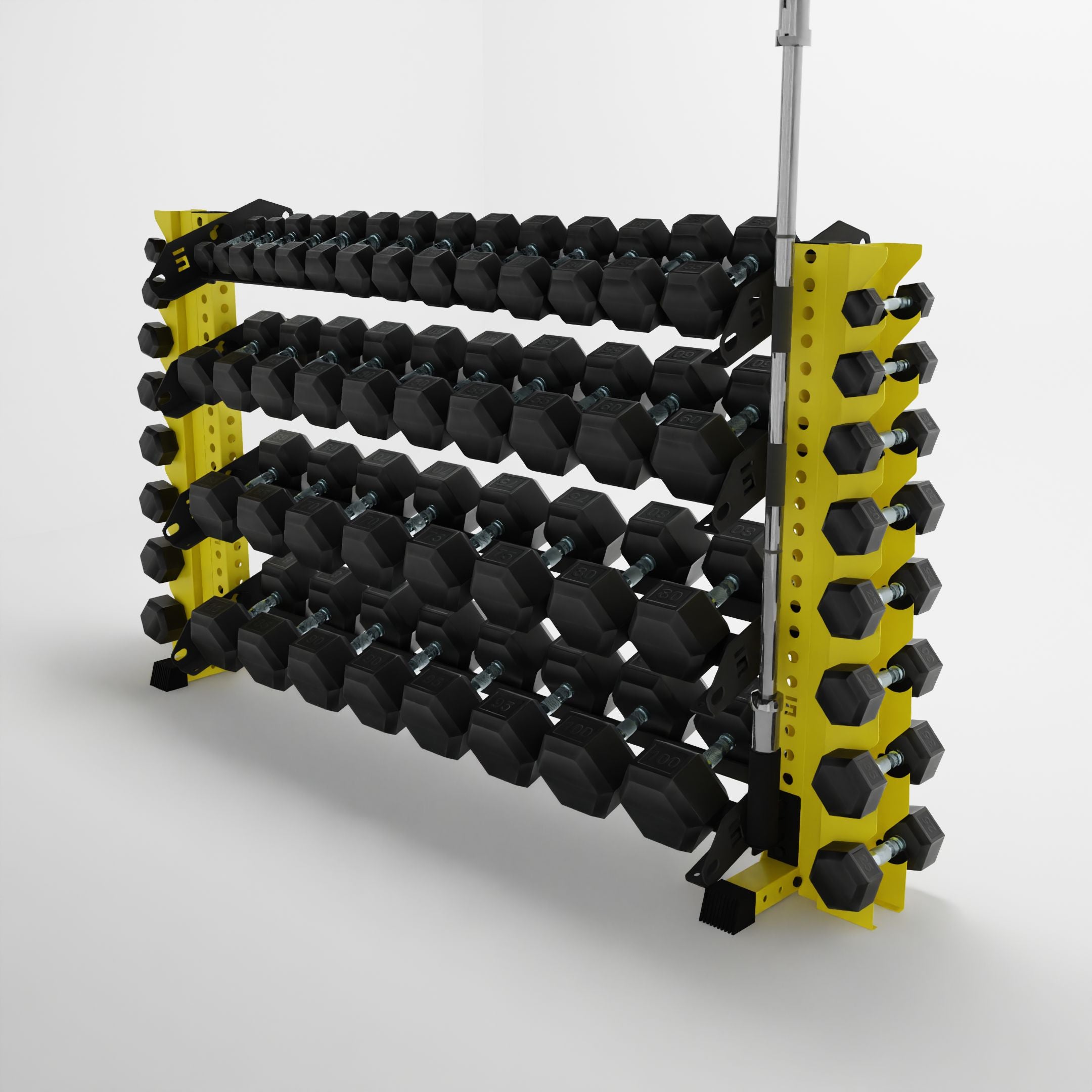 yellow 70-inch alpha 4-tier horizontal dumbbell rack with vertical add-ons storing hex dumbbells and a barbell using a storage attachment accessory