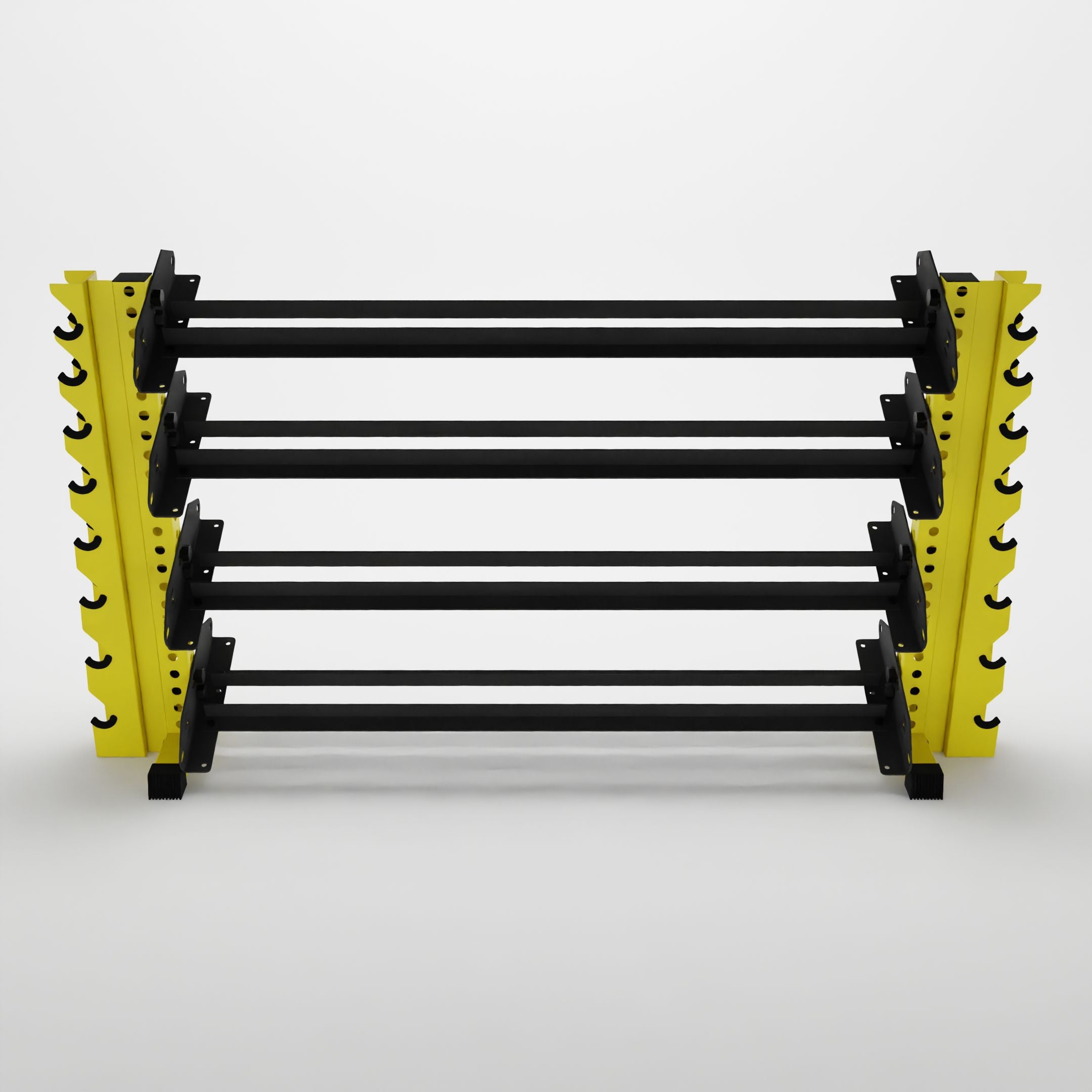 yellow 70-inch alpha 4-tier horizontal dumbbell rack with vertical add-ons