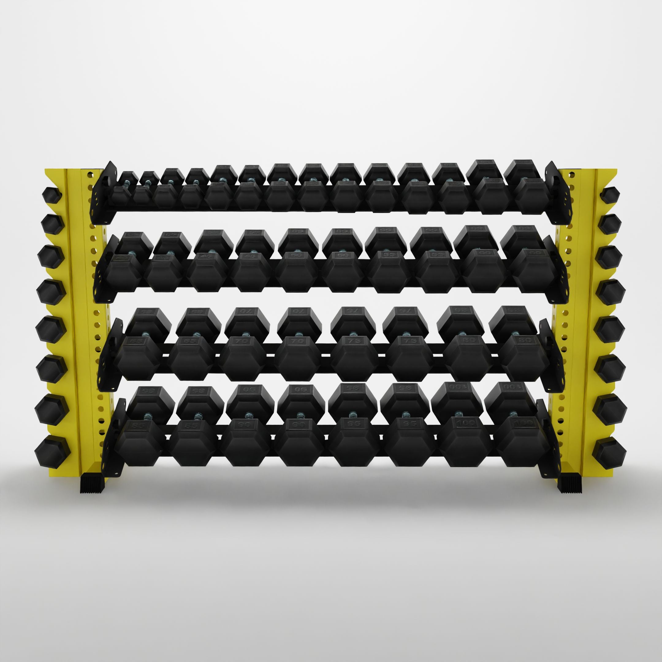 yellow 70-inch alpha 4-tier horizontal dumbbell rack with vertical add-ons storing hex dumbbells