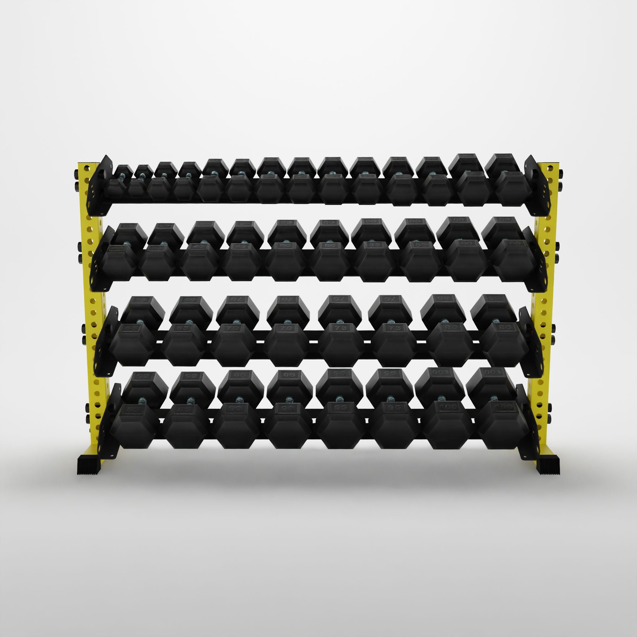 yellow 70-inch alpha 4-tier horizontal dumbbell rack storing hex dumbbells