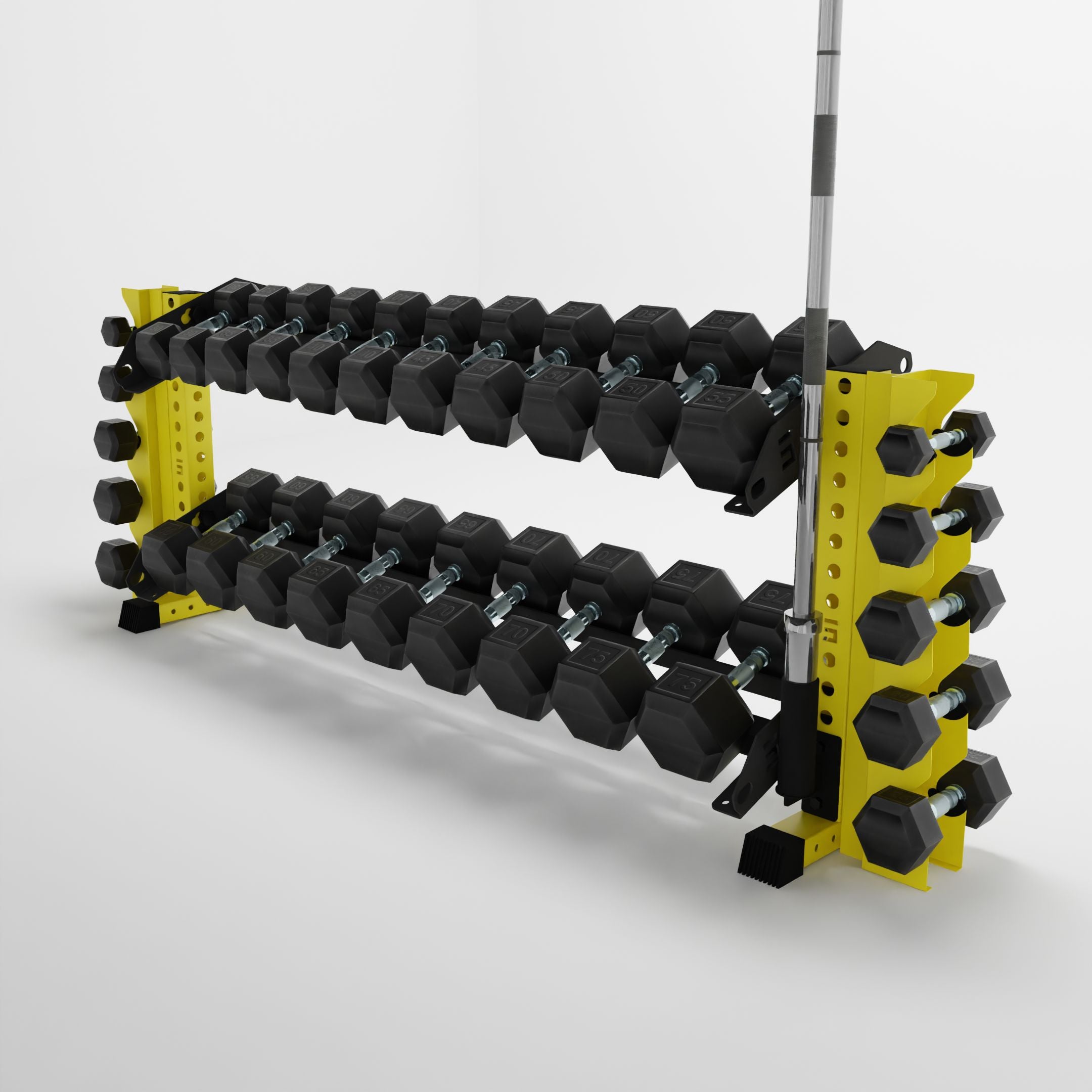 yellow 70-inch bravo 2-tier horizontal dumbbell rack with vertical add-ons storing dumbbells and a barbell using a storage attachment accessory