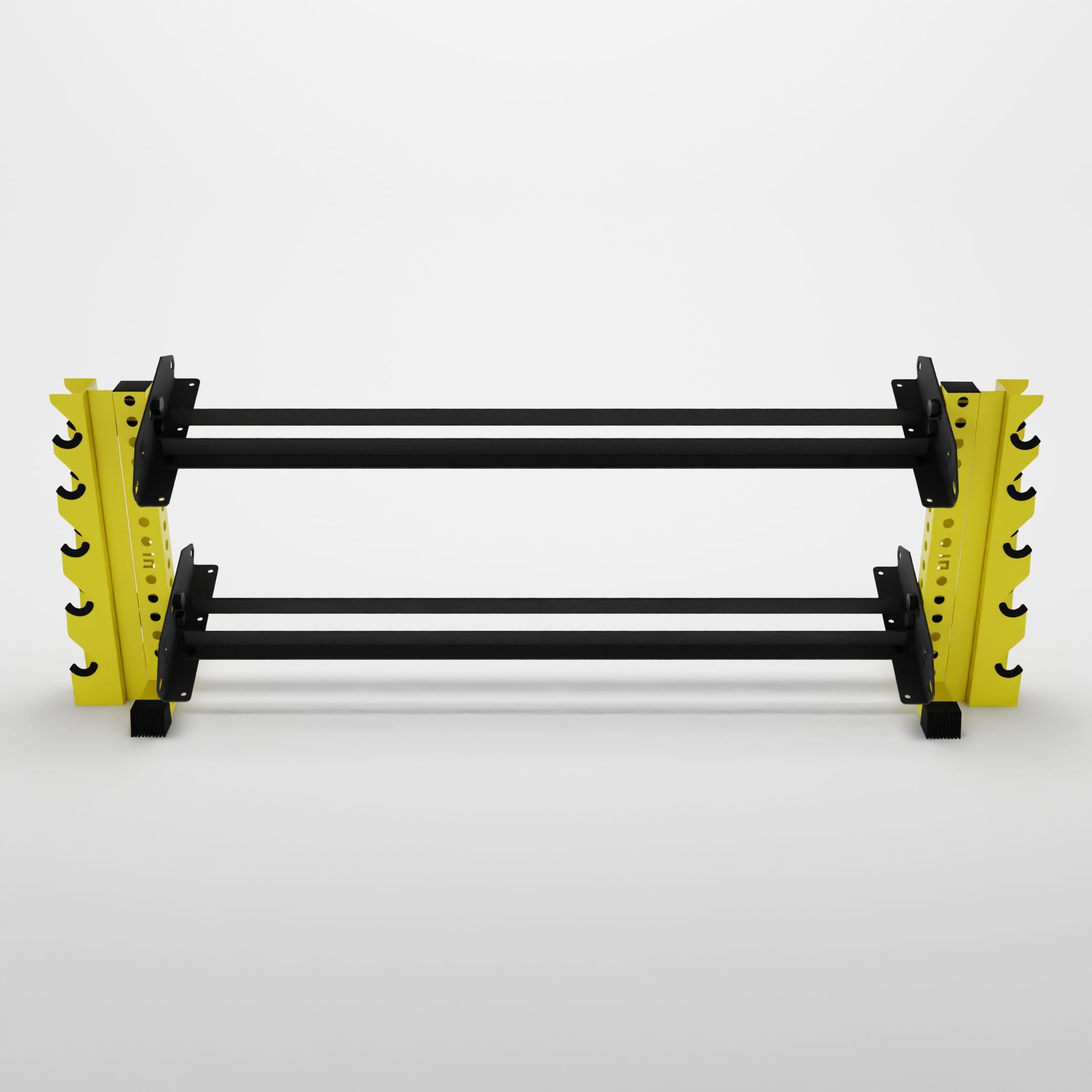 yellow 70-inch bravo 2-tier horizontal dumbbell rack with vertical add-ons