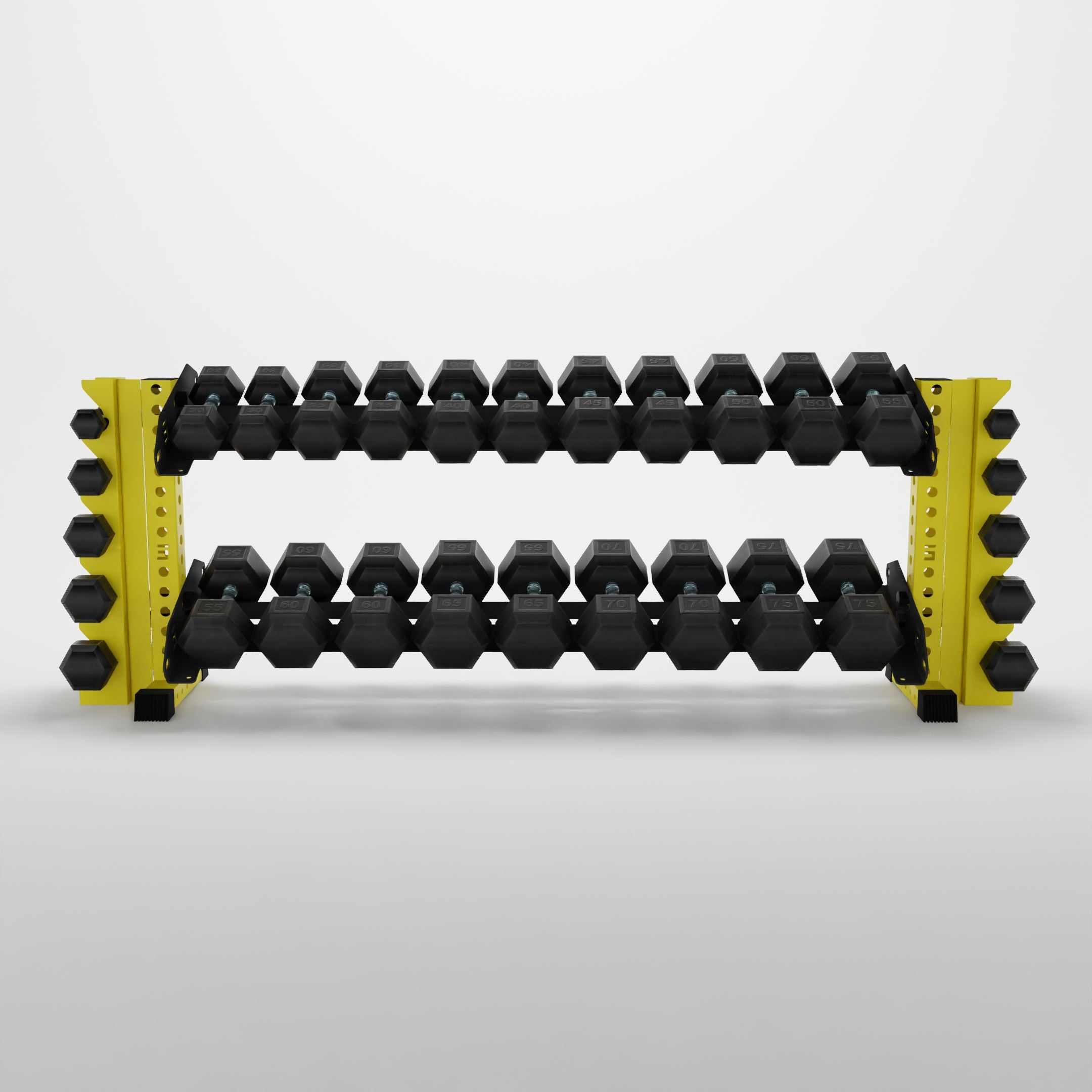 yellow 70-inch bravo 2-tier horizontal dumbbell rack with vertical add-ons storing hex dumbbells