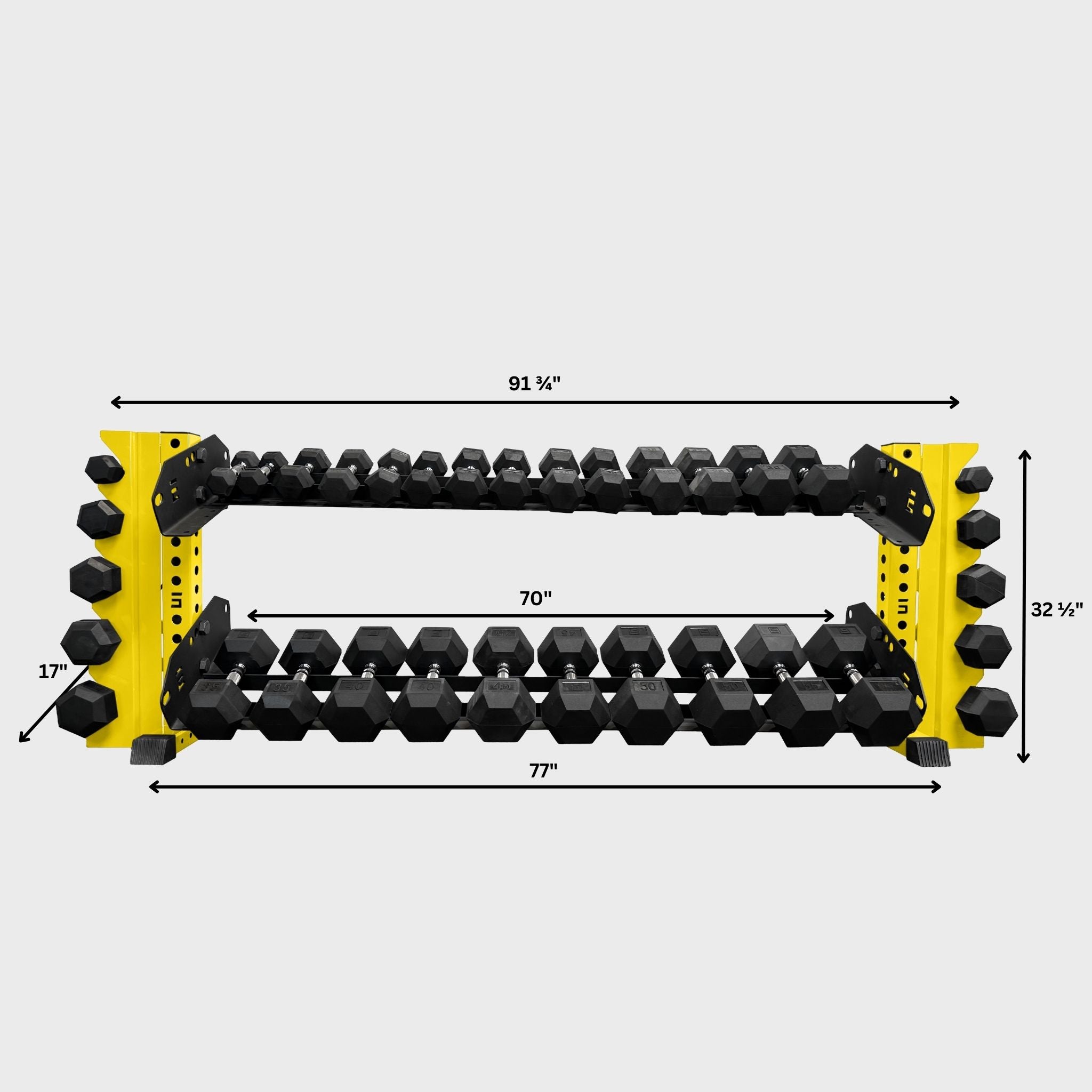 yellow 70-inch bravo 2-tier horizontal dumbbell storage rack loaded with hex dumbbells and its product dimensions