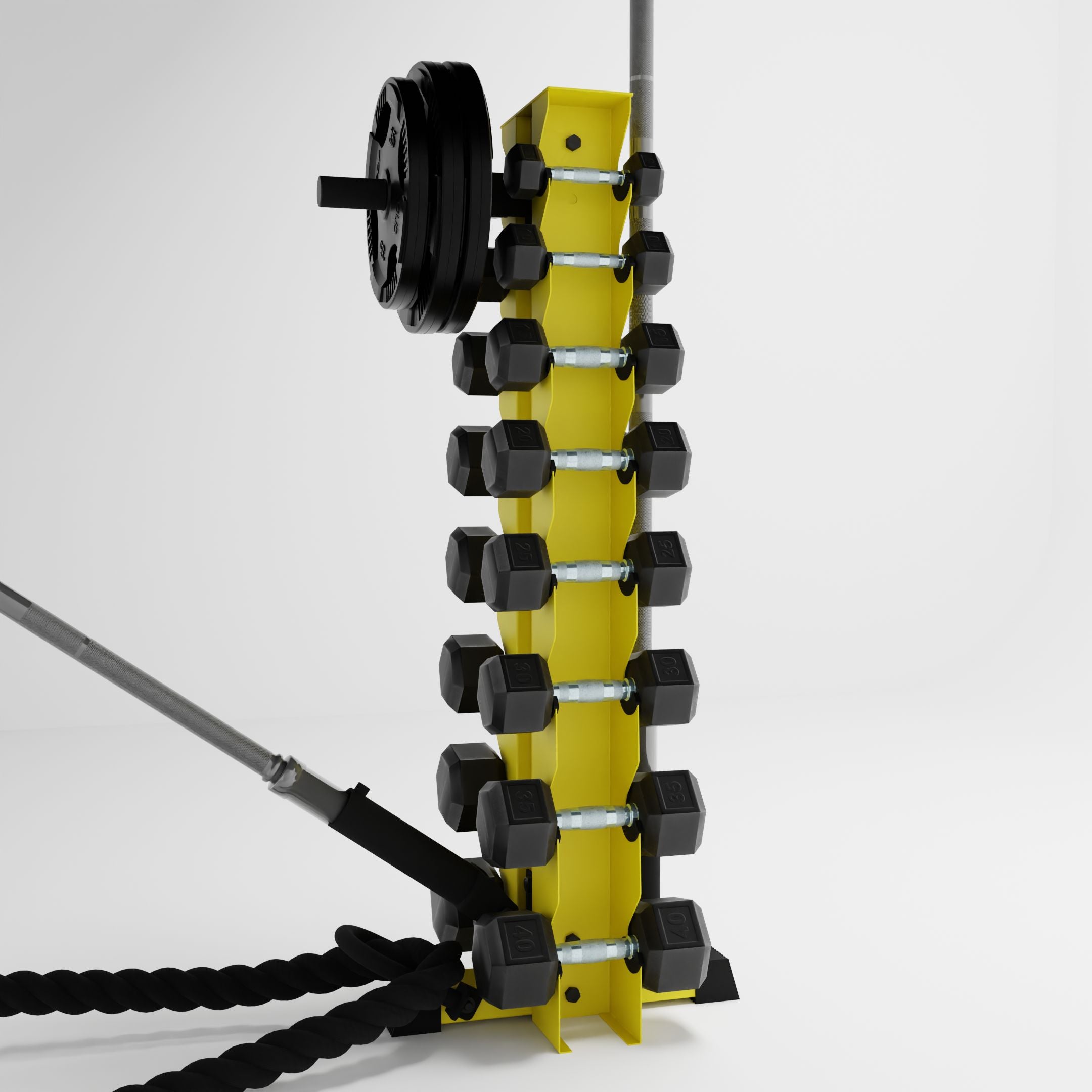 yellow alpha 8-tier vertical dumbbell storage rack storing dumbbells, weight plates, barbells, and a battle rope using storage attachment accessories