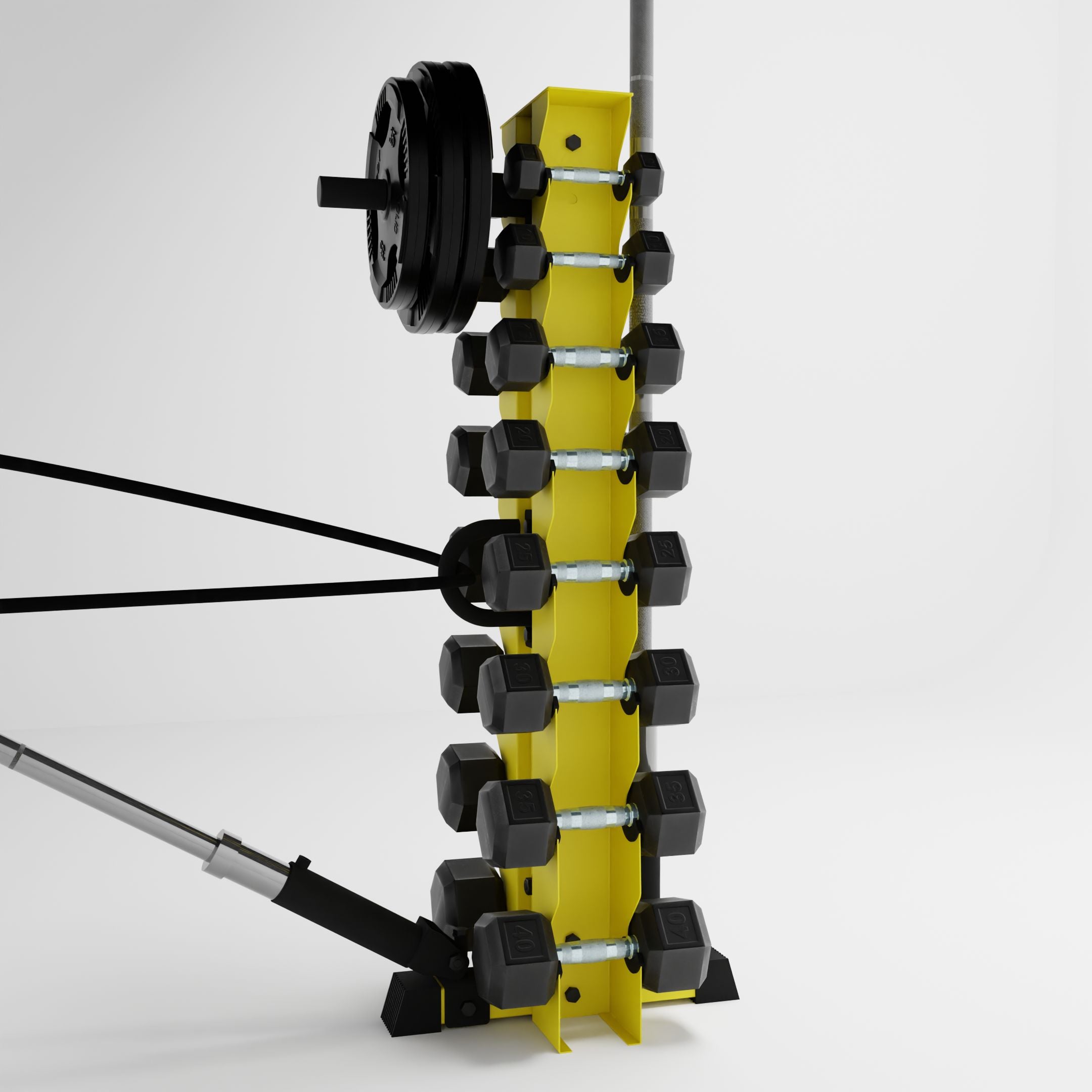 yellow alpha 8-tier vertical dumbbell storage rack storing dumbbells, weight plates, barbells, and a resistance band using storage attachment accessories