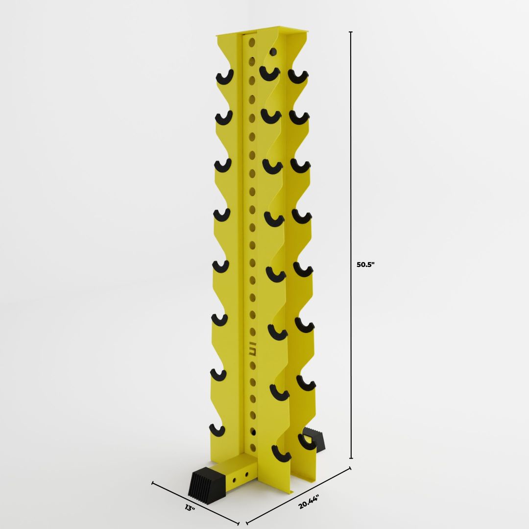 yellow alpha 8-tier vertical dumbbell storage rack dimensions