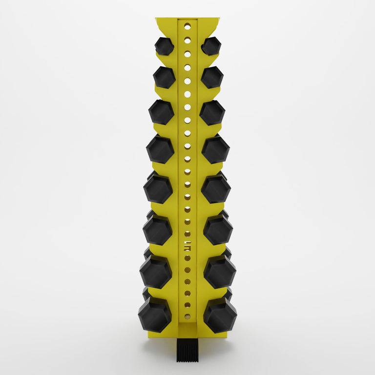 yellow alpha 8-tier vertical dumbbell storage rack storing hex dumbbells
