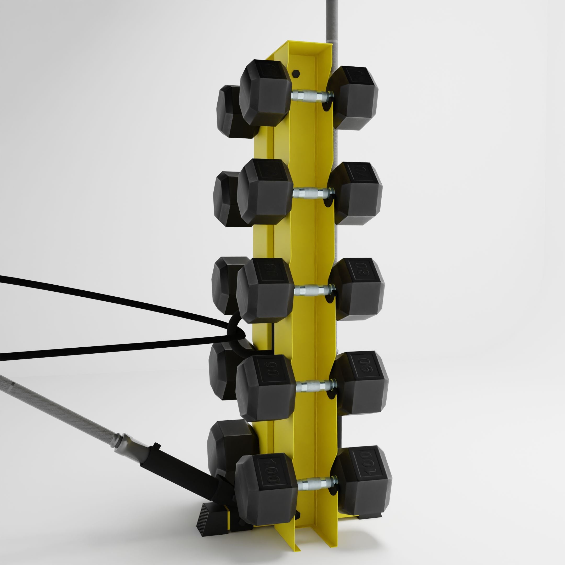 yellow alpha elite vertical dumbbell storage rack with accessories holding dumbbells, weight plates, barbells, and a resistance band