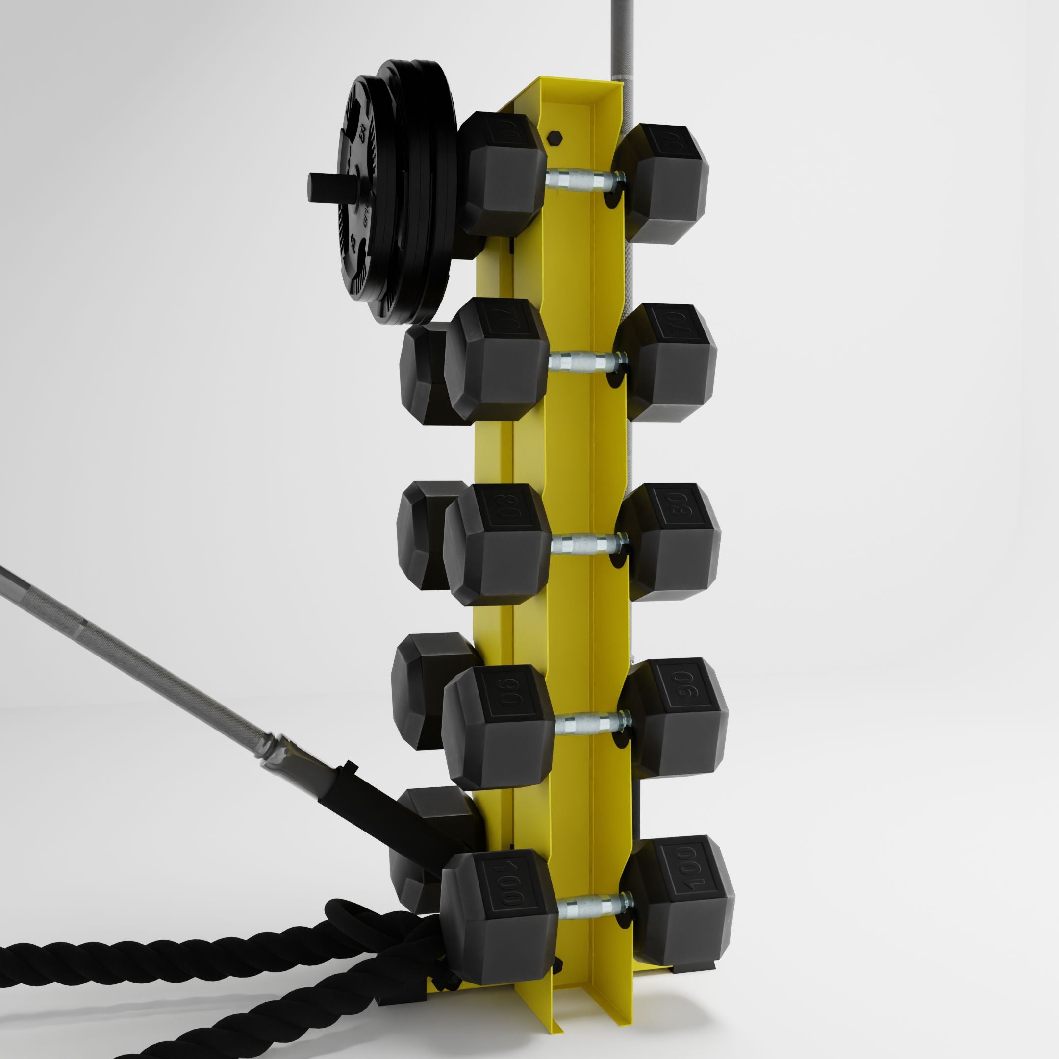 yellow alpha elite vertical dumbbell storage rack with accessories holding dumbbells, weight plates, barbells, and a battle rope