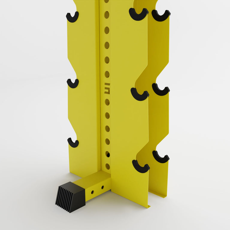 yellow alpha elite vertical dumbbell storage rack base
