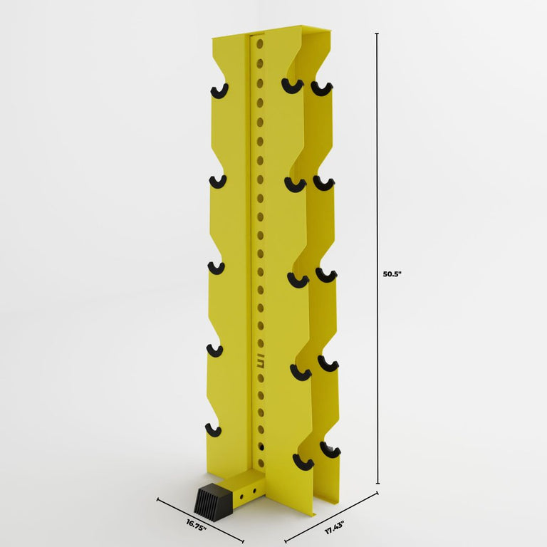 yellow alpha elite vertical dumbbell storage rack dimensions