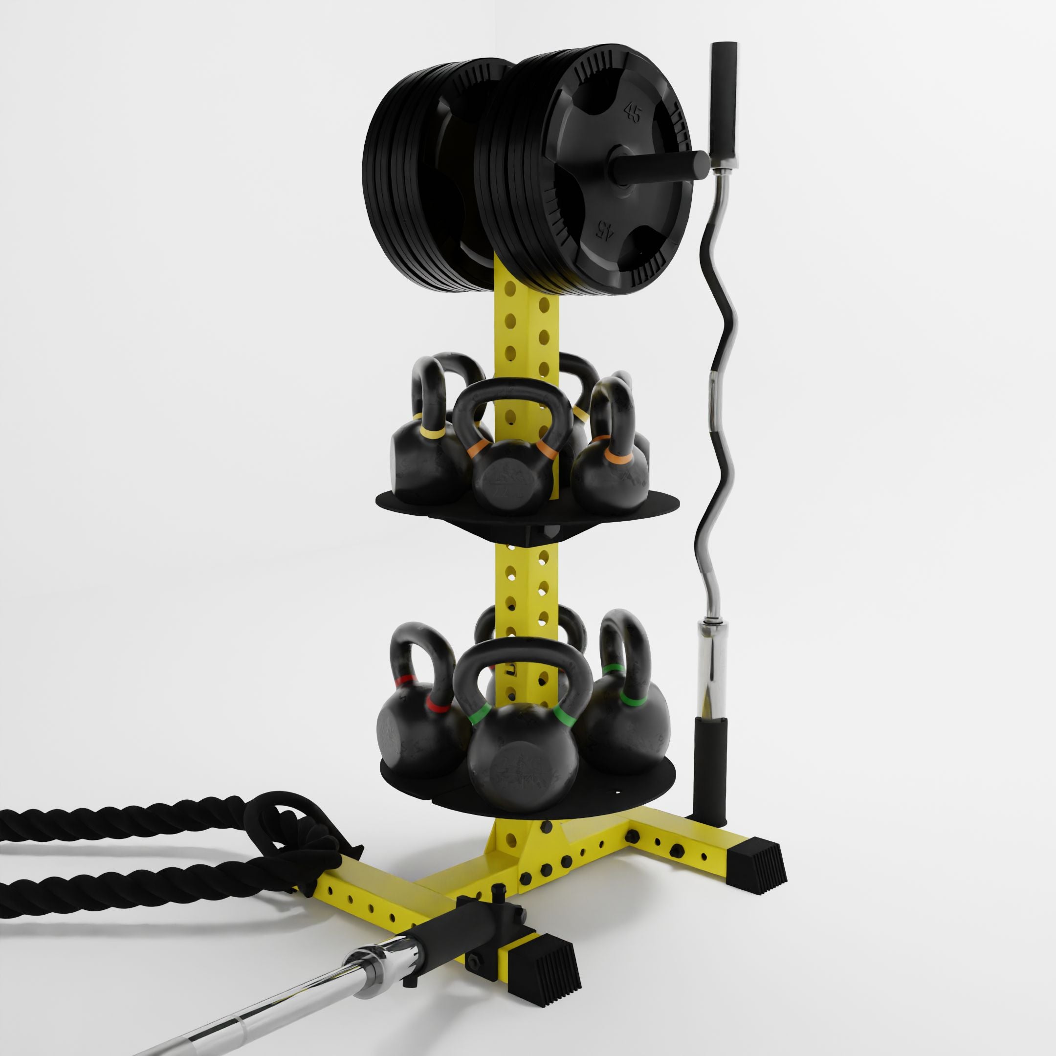 yellow alpha pk vertical hybrid plate and kettlebell storage rack storing weight plates, kettlebells, barbells, and a battle rope using storage attachment accessories