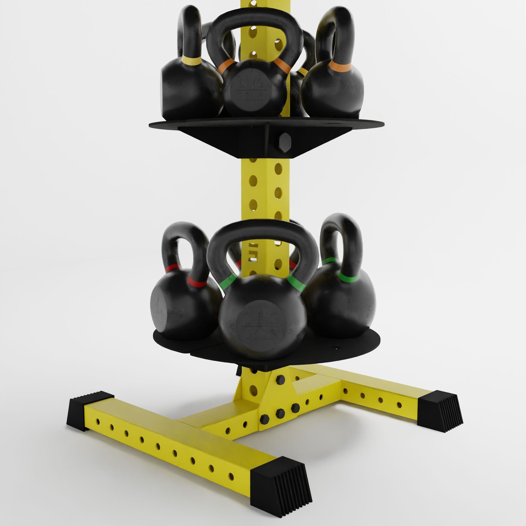 yellow alpha pk vertical hybrid plate and kettlebell storage rack base storing kettlebells