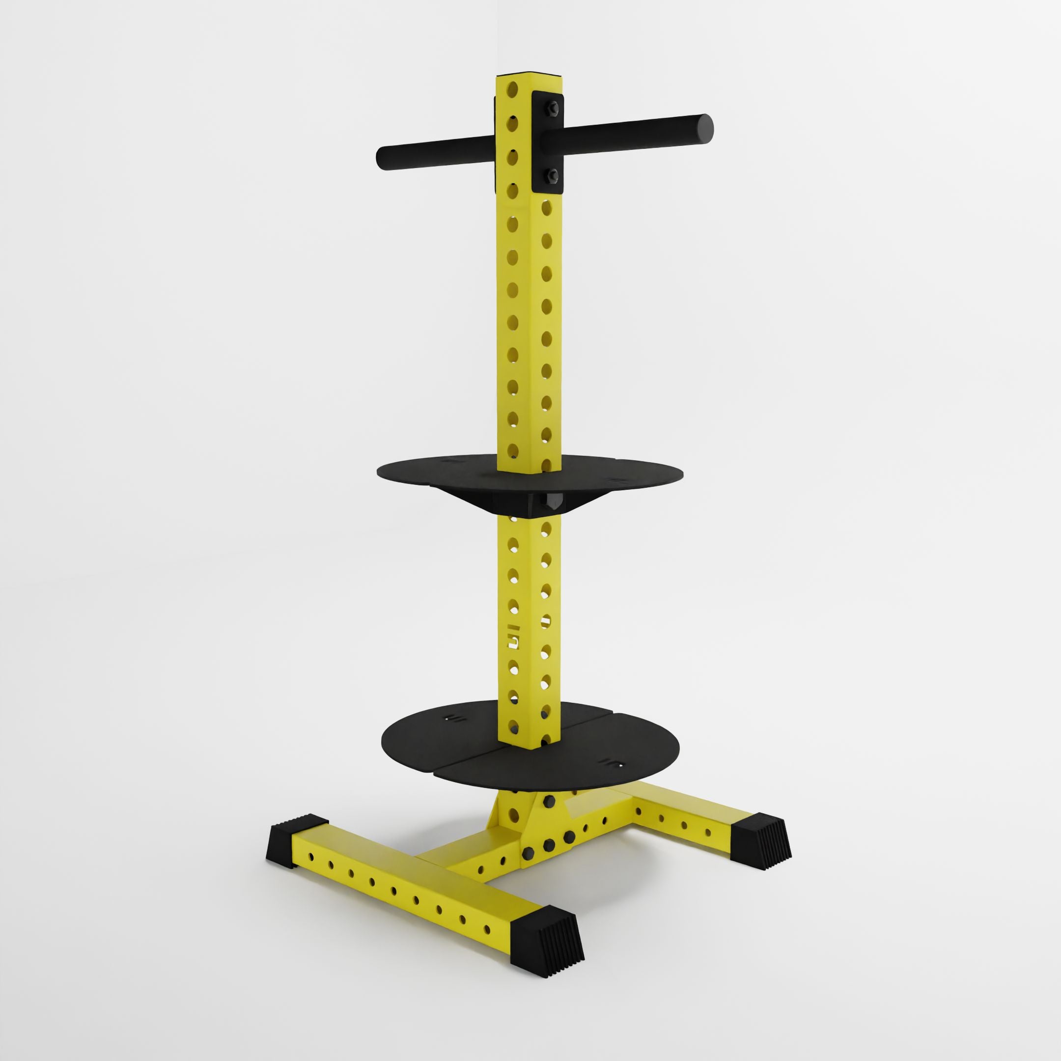 yellow alpha pk vertical hybrid plate and kettlebell storage rack side view