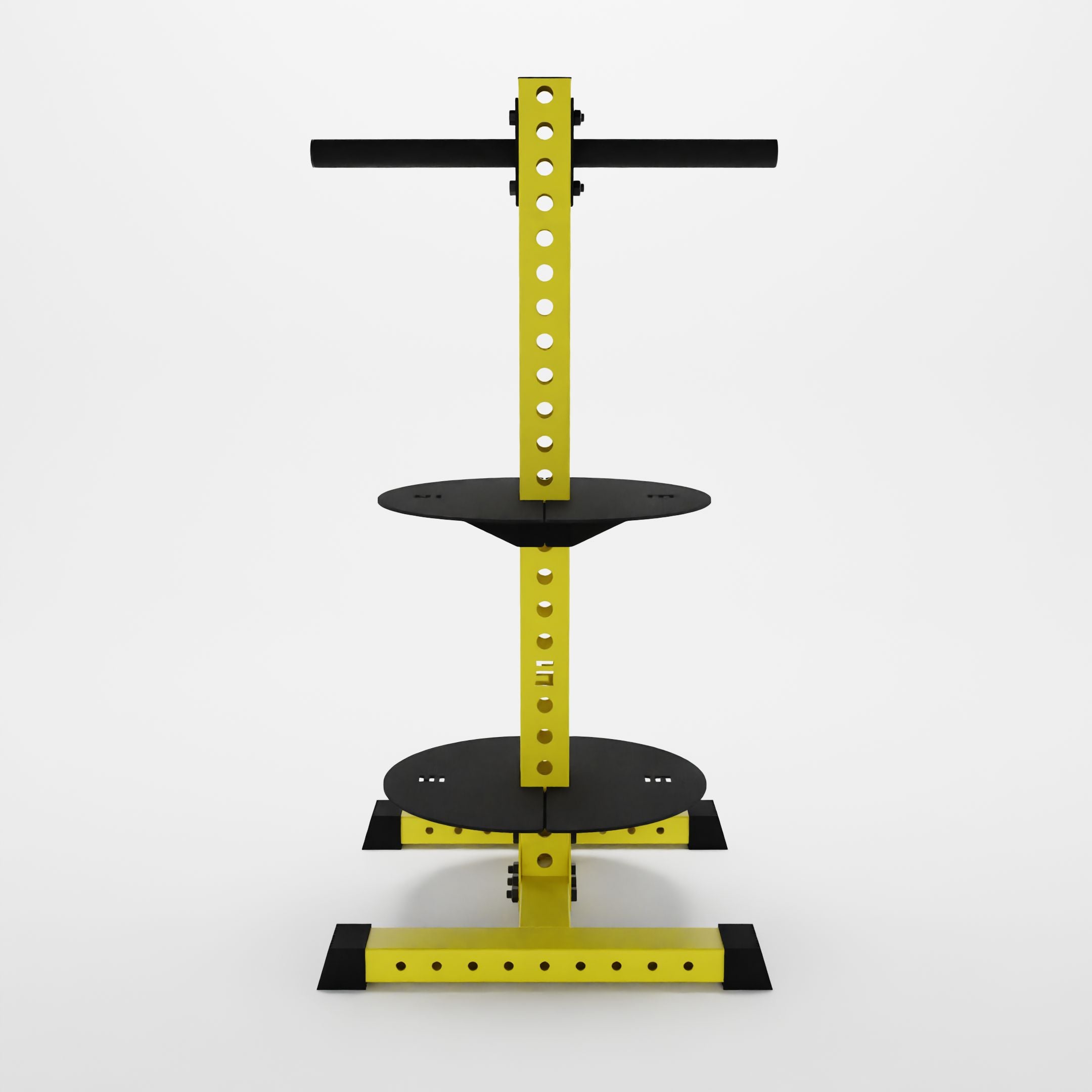 yellow alpha pk vertical hybrid plate and kettlebell storage rack