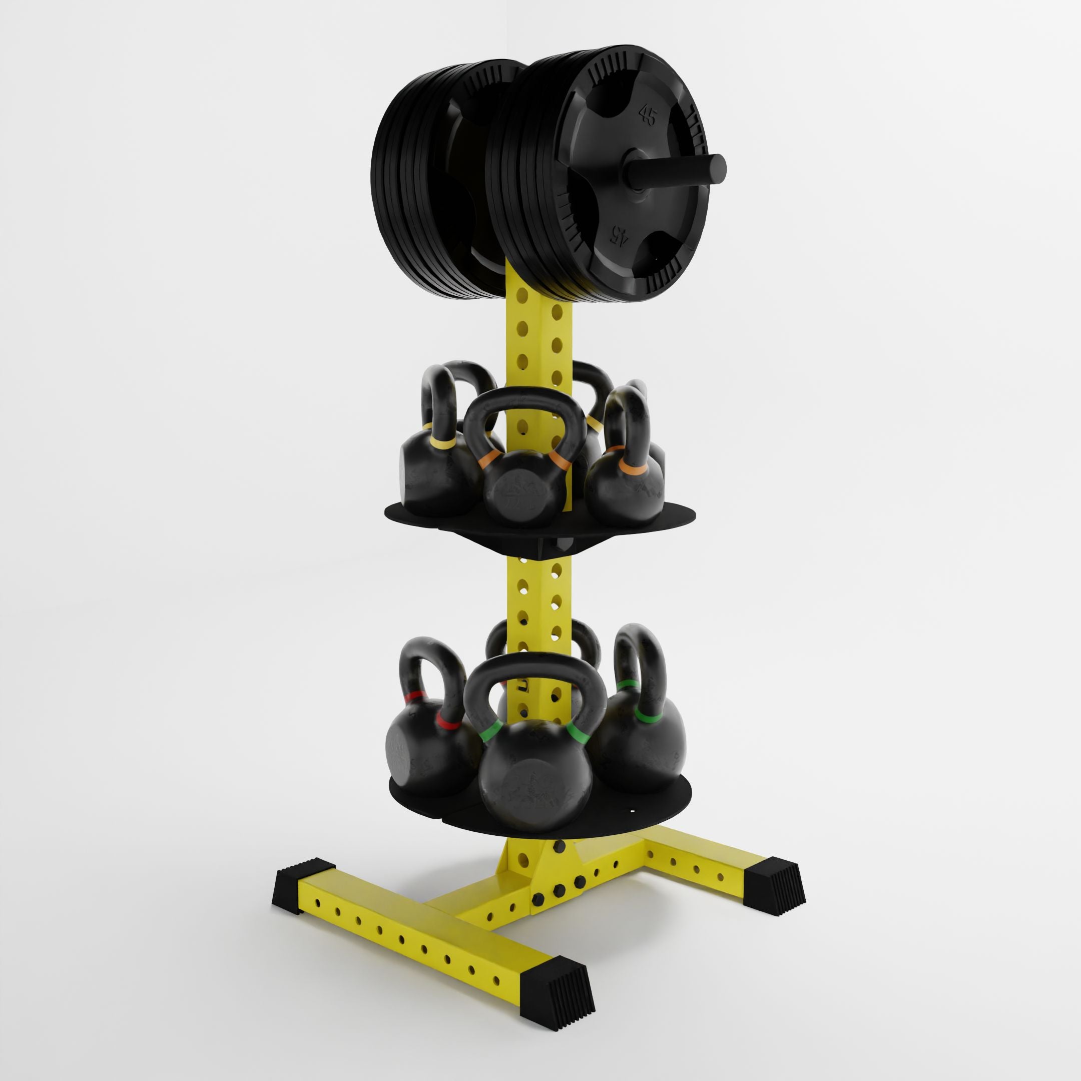 yellow alpha pk vertical hybrid plate and kettlebell storage rack storing weight plates and kettlebells side view