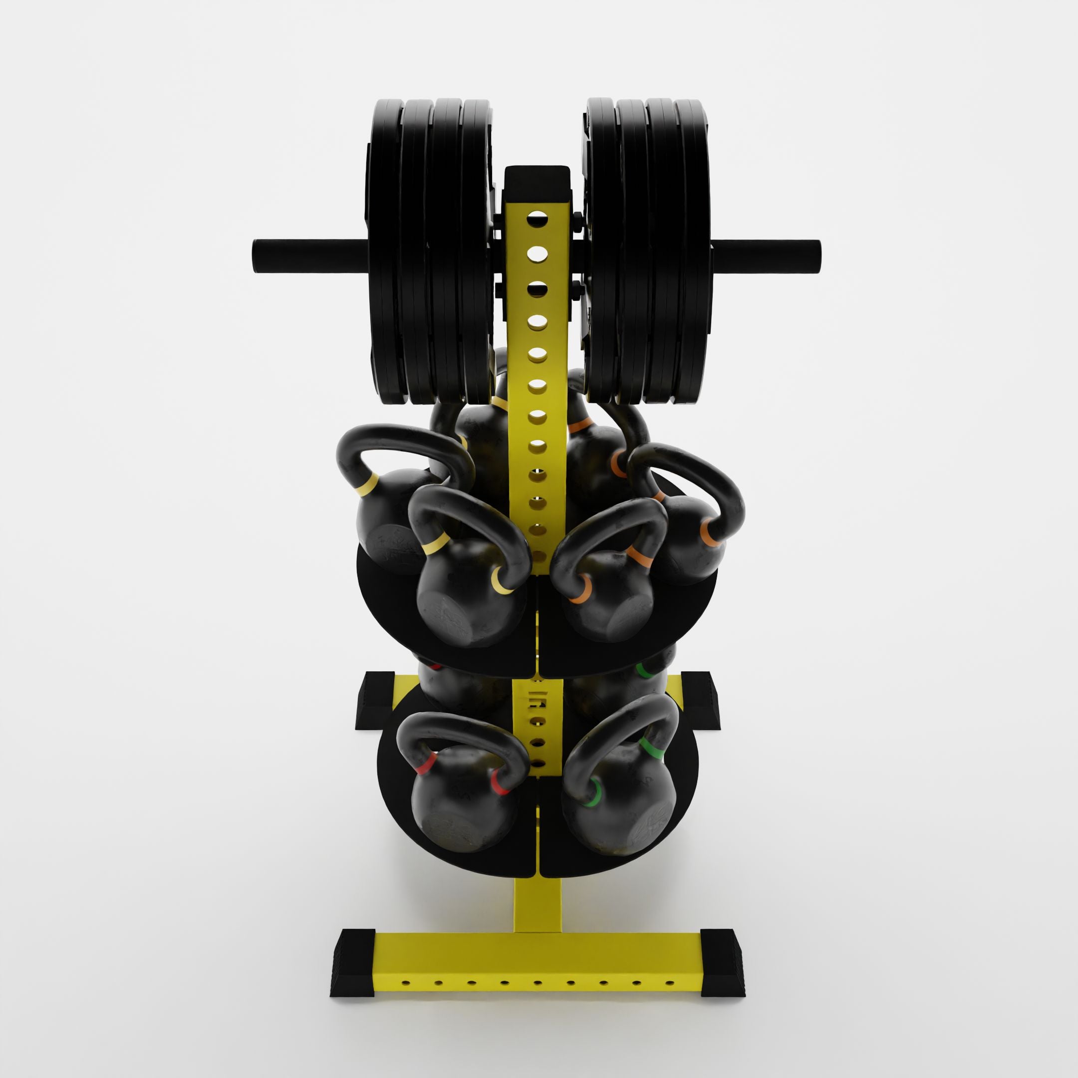 yellow alpha pk vertical hybrid plate and kettlebell storage rack storing weight plates and kettlebells top view