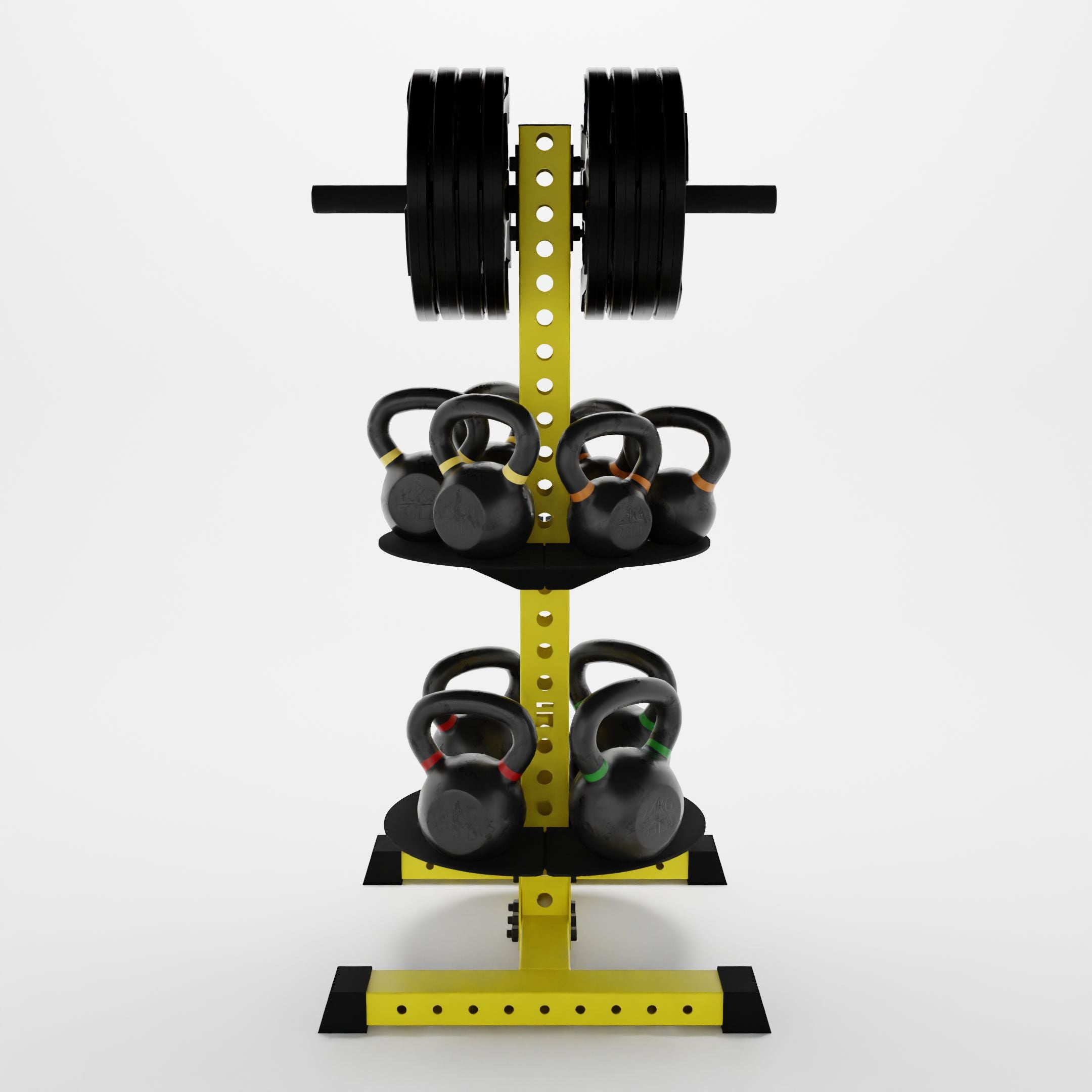 yellow alpha pk vertical hybrid plate and kettlebell storage rack storing weight plates and kettlebells