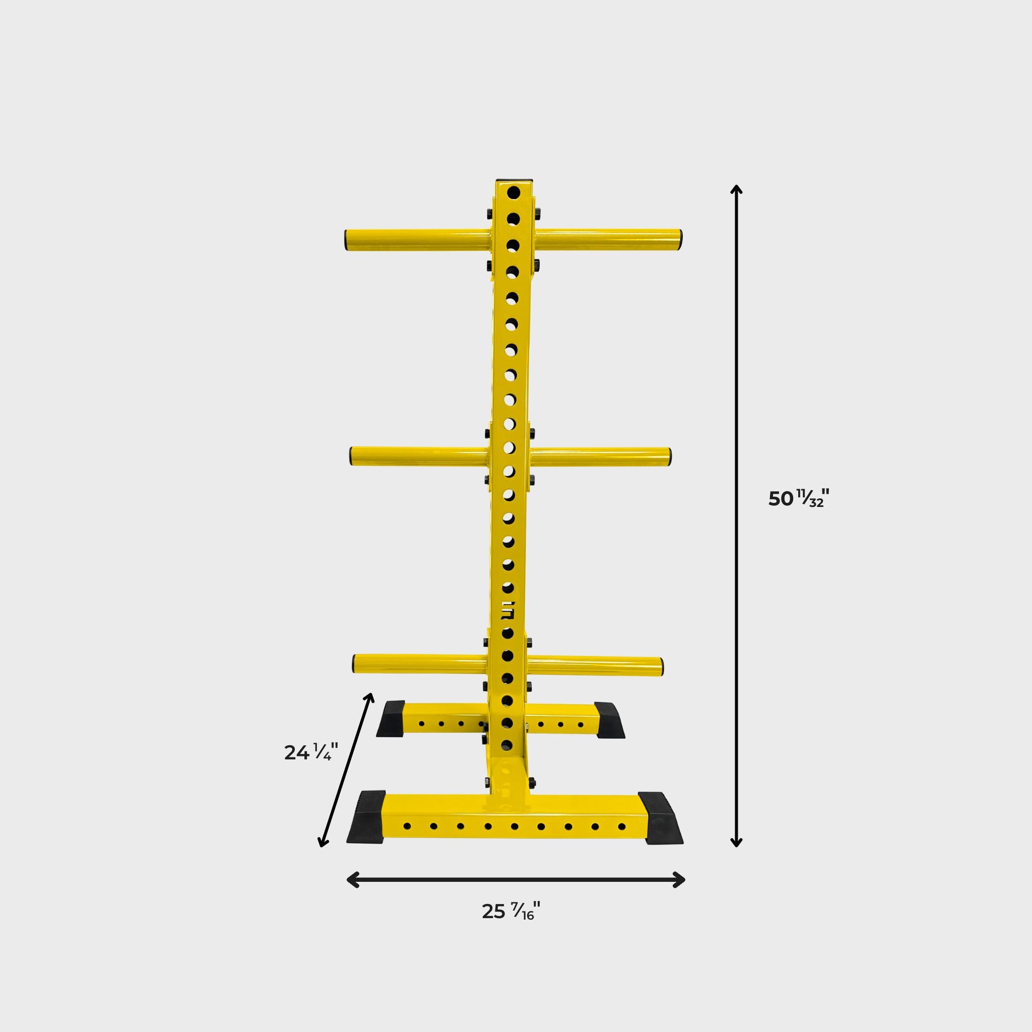 yellow alpha vertical weight plate storage tree with six weight plate holders and its dimensions: height 50 11/32 inches, length 25 7/16 inches, width 24 1/4 inches