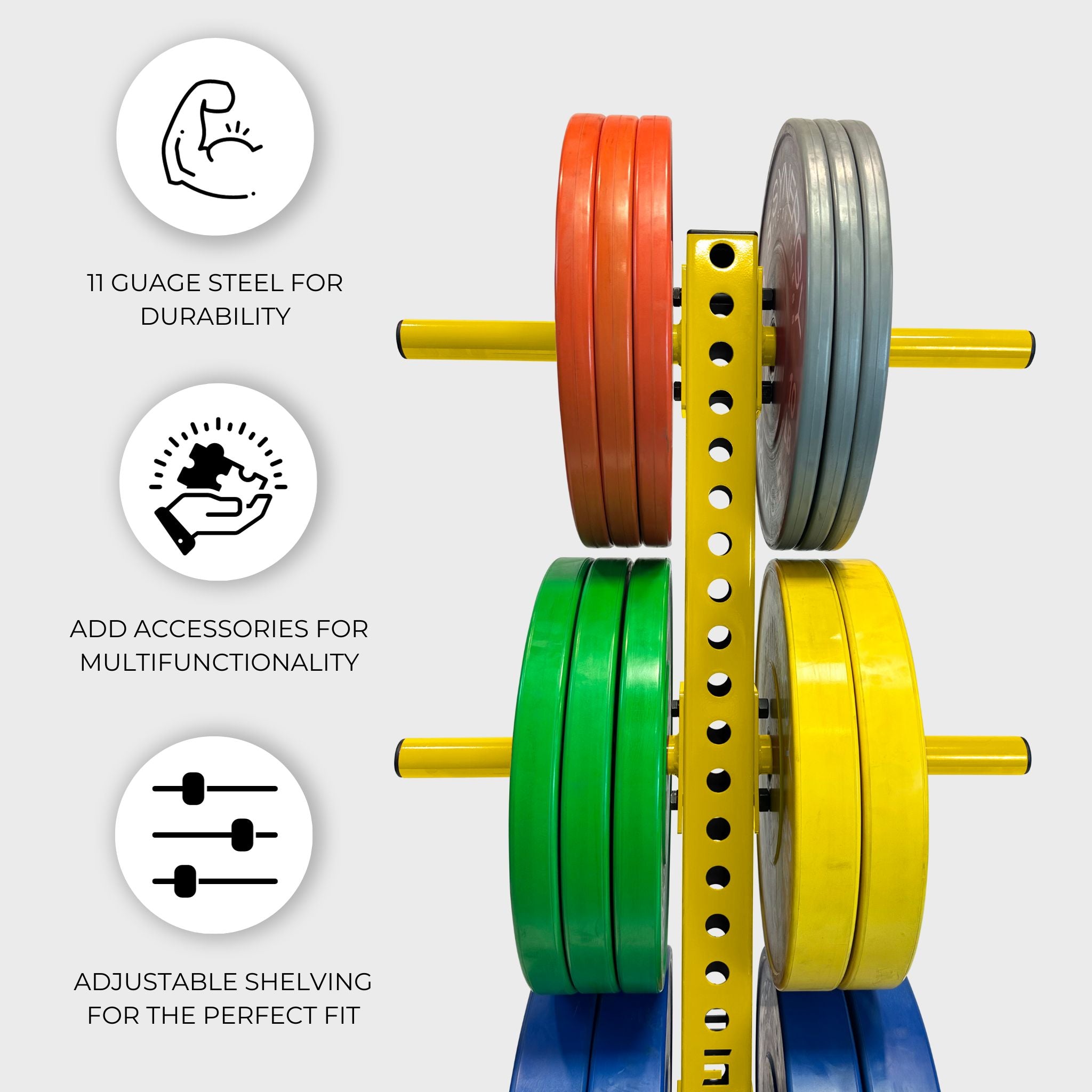 yellow alpha vertical weight plate storage tree with six weight plate holders holding various weight plates and text that reads "11 gauge steel for durability, add accessories for multifunctionality, adjustable shelving for the perfect fit"