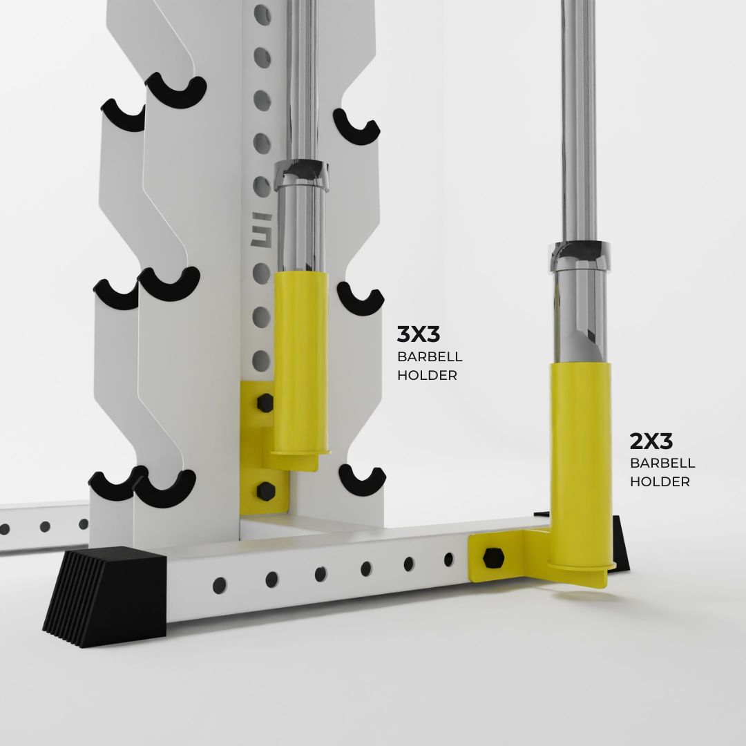 yellow barbell holder attachments holding barbells