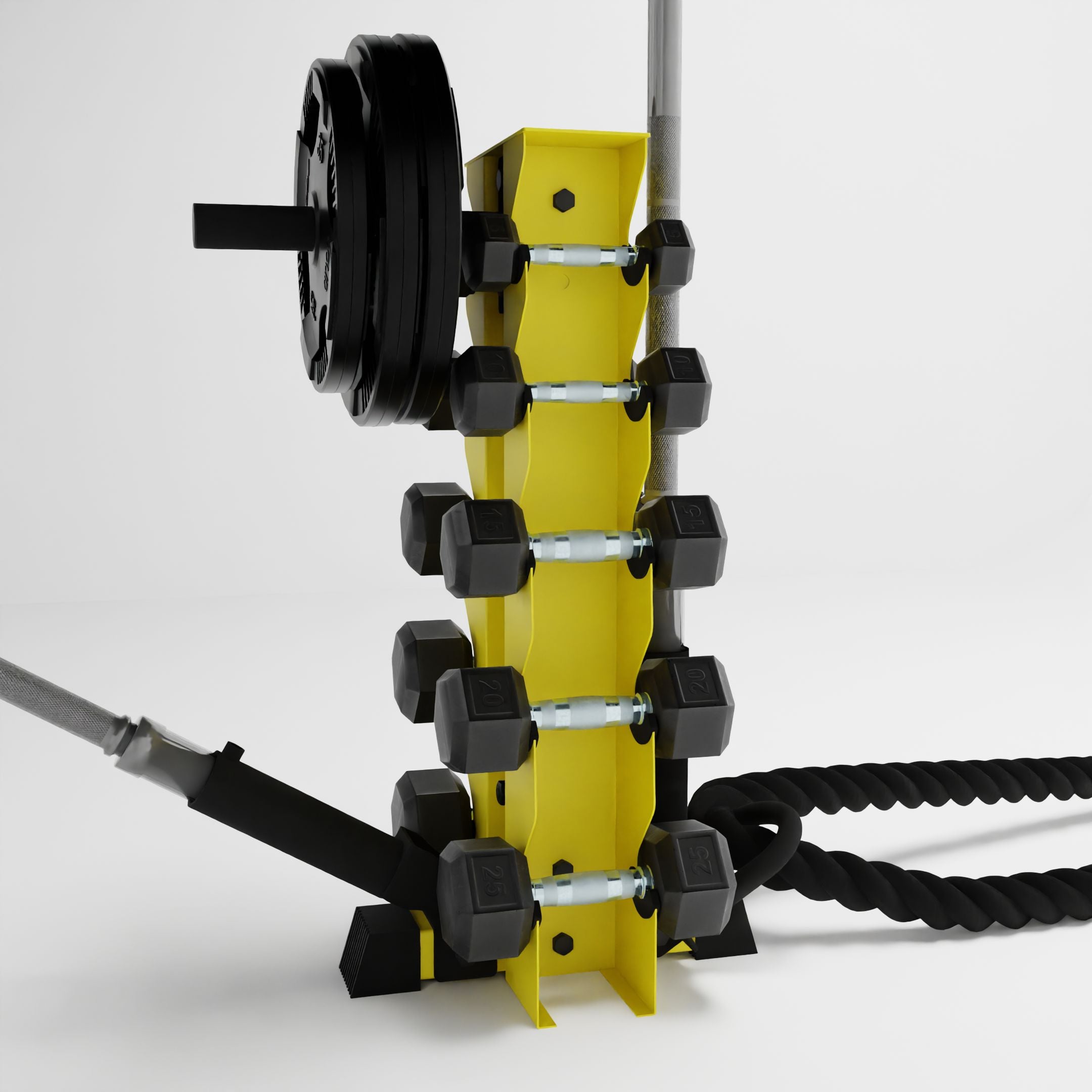 yellow bravo 5-tier vertical dumbbell storage rack storing dumbbells, weight plates, barbells, a battle rope using storage attachment accessories