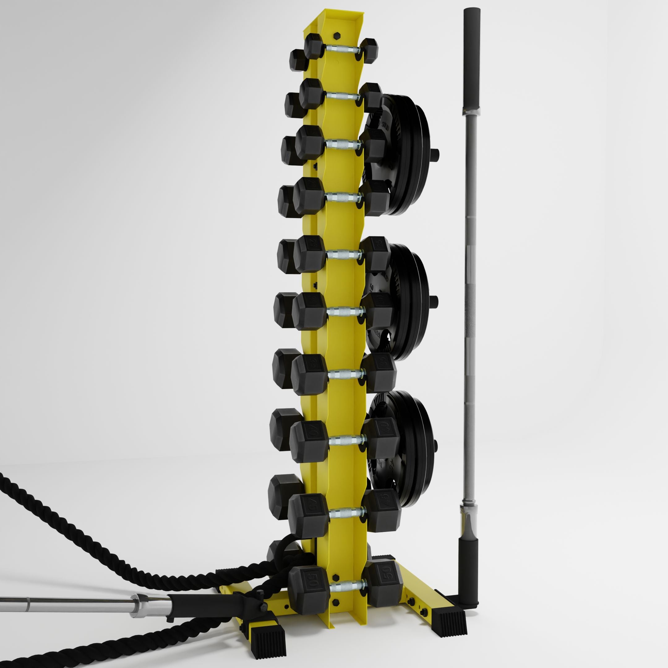 yellow delta 10-tier vertical dumbbell storage rack storing dumbbells, weight plates, barbells, and a battle rope using storage attachment accessories