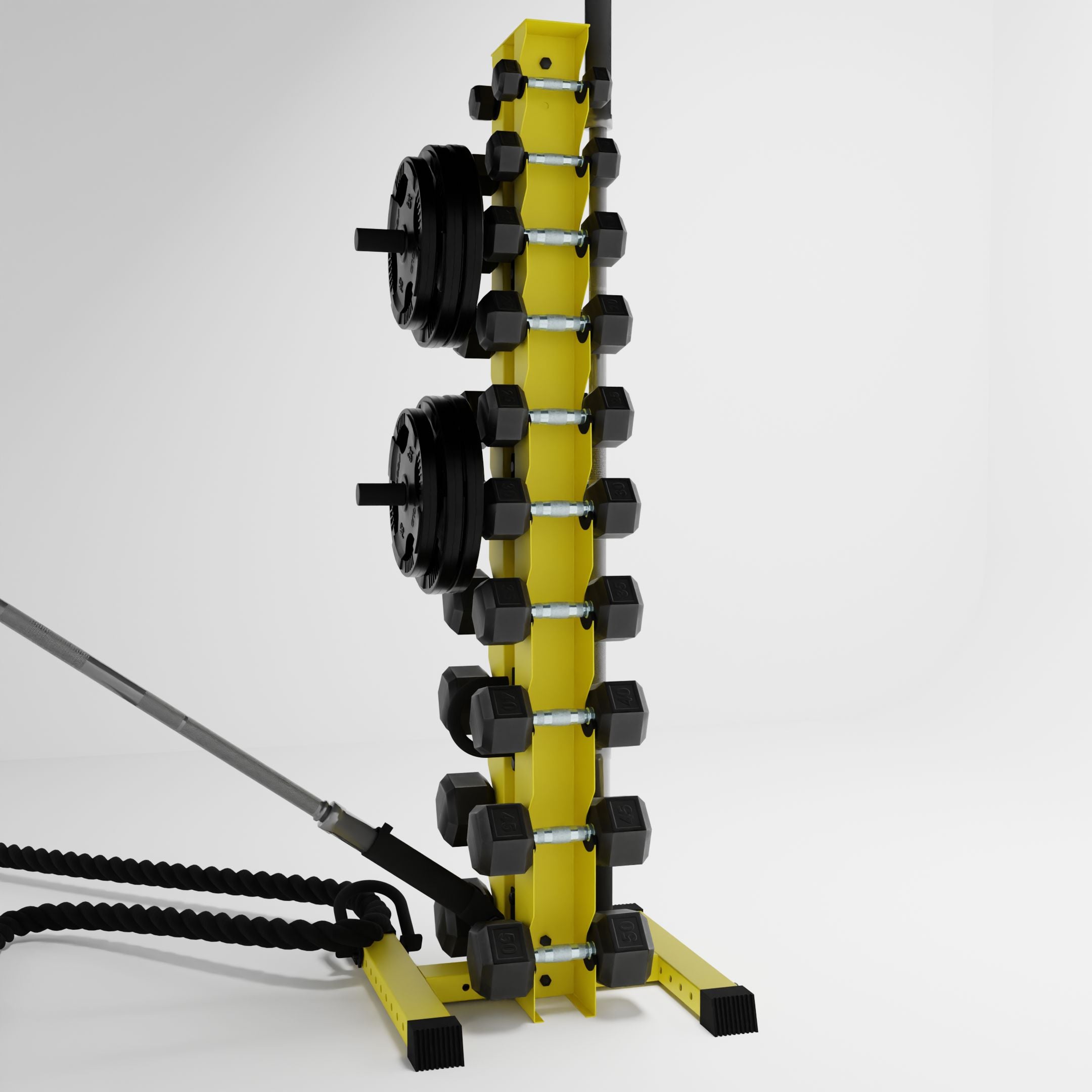 yellow delta 10-tier vertical dumbbell storage rack storing dumbbells, weight plates, barbells, and a battle rope using storage attachment accessories