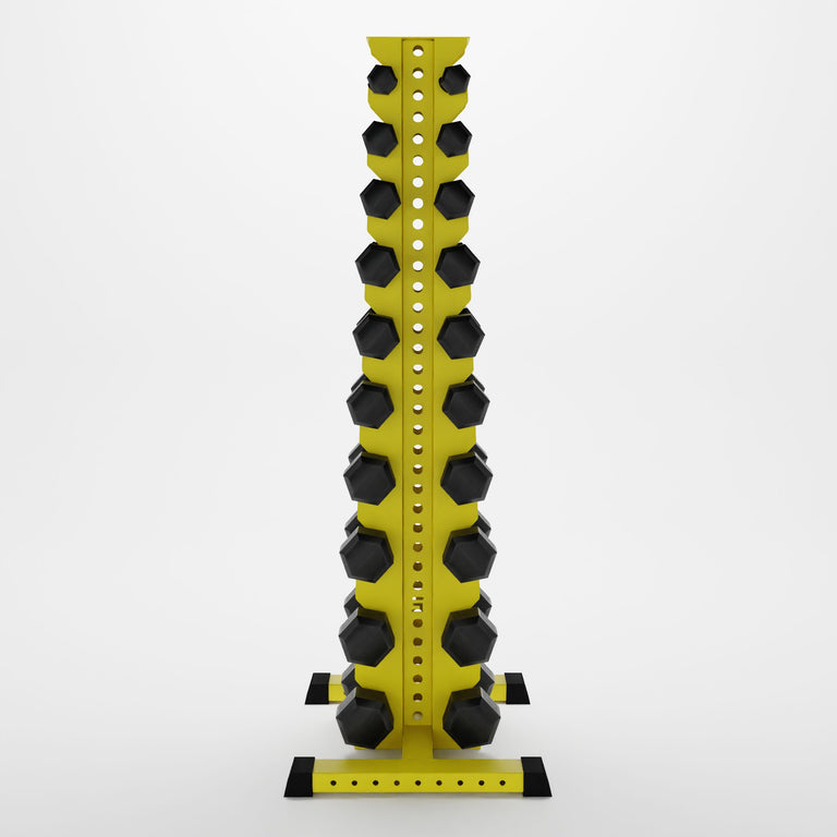 yellow delta 10-tier vertical dumbbell storage rack storing hex dumbbells