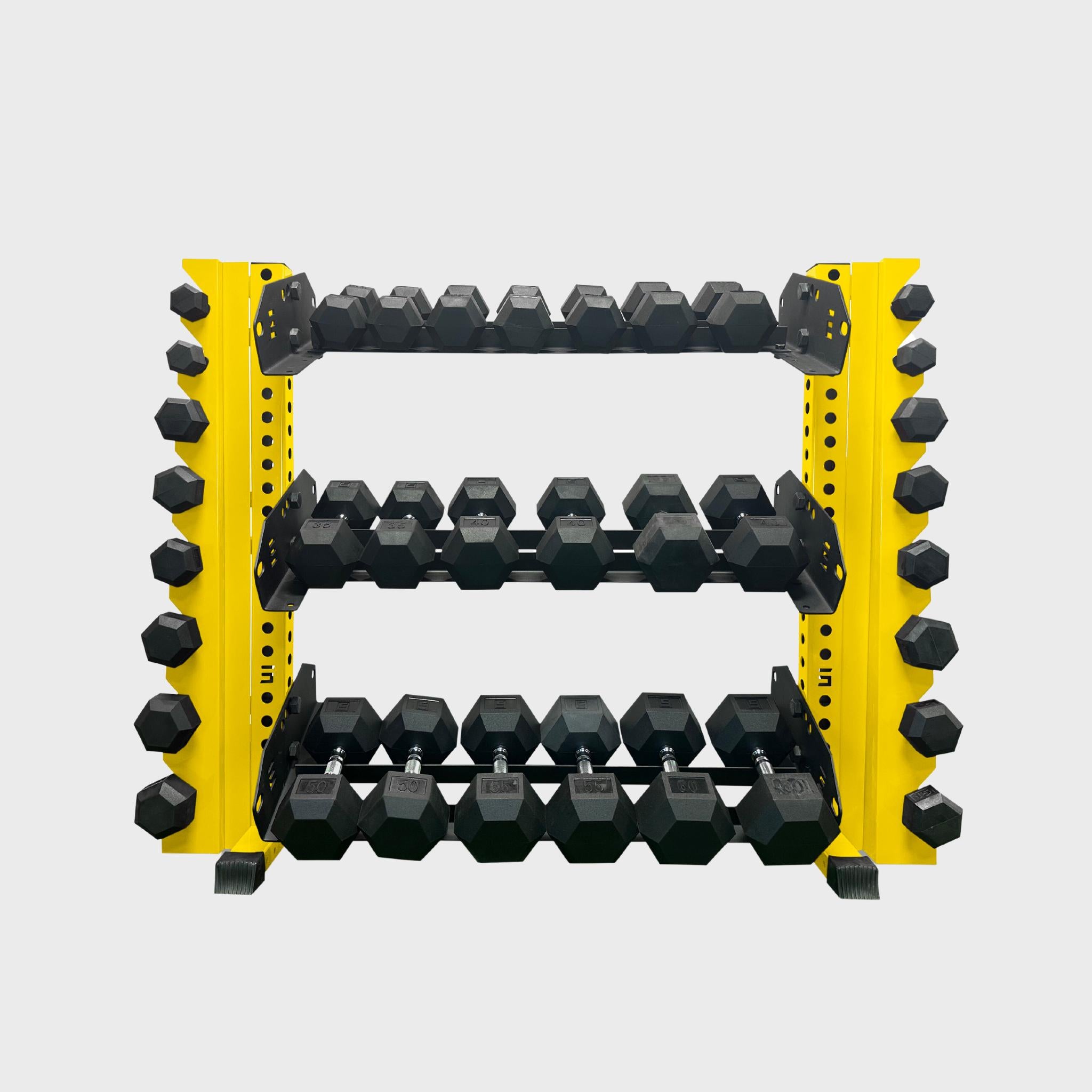 43 inch yellow alpha 3-tier horizontal dumbbell rack loaded with hex dumbbells and vertical add-ons