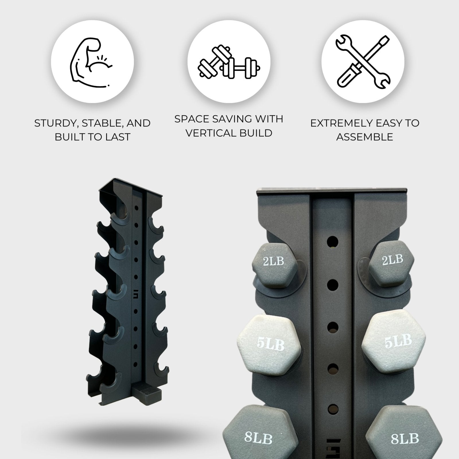 two black charlie 5-tier vertical dumbbell storage racks, one loaded with neoprene dumbbells and one empty, with text reading "sturdy, stable, and built to last", "space saving with vertical build", "extremely easy to assemble"