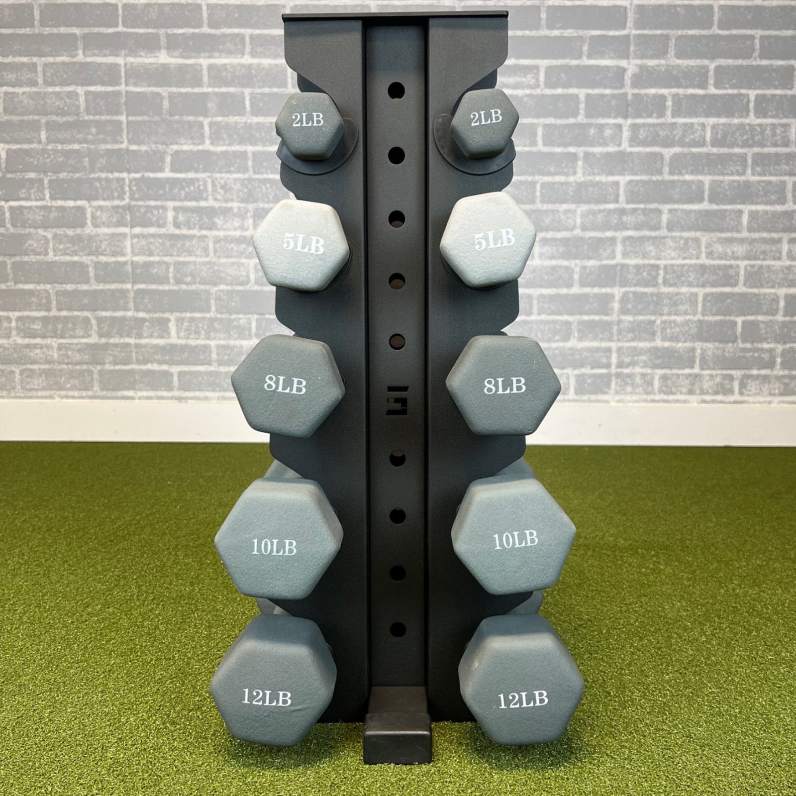 black charlie 5-tier vertical dumbbell storage rack loaded with neoprene dumbbells