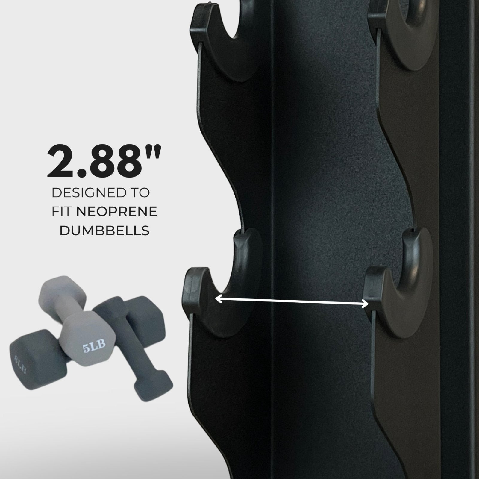 black charlie 5-tier vertical dumbbell storage rack and a stack of neoprene dumbbells with text reading "2.88 inches: designed to fit neoprene dumbbells" with an arrow indicating the distance between tiers