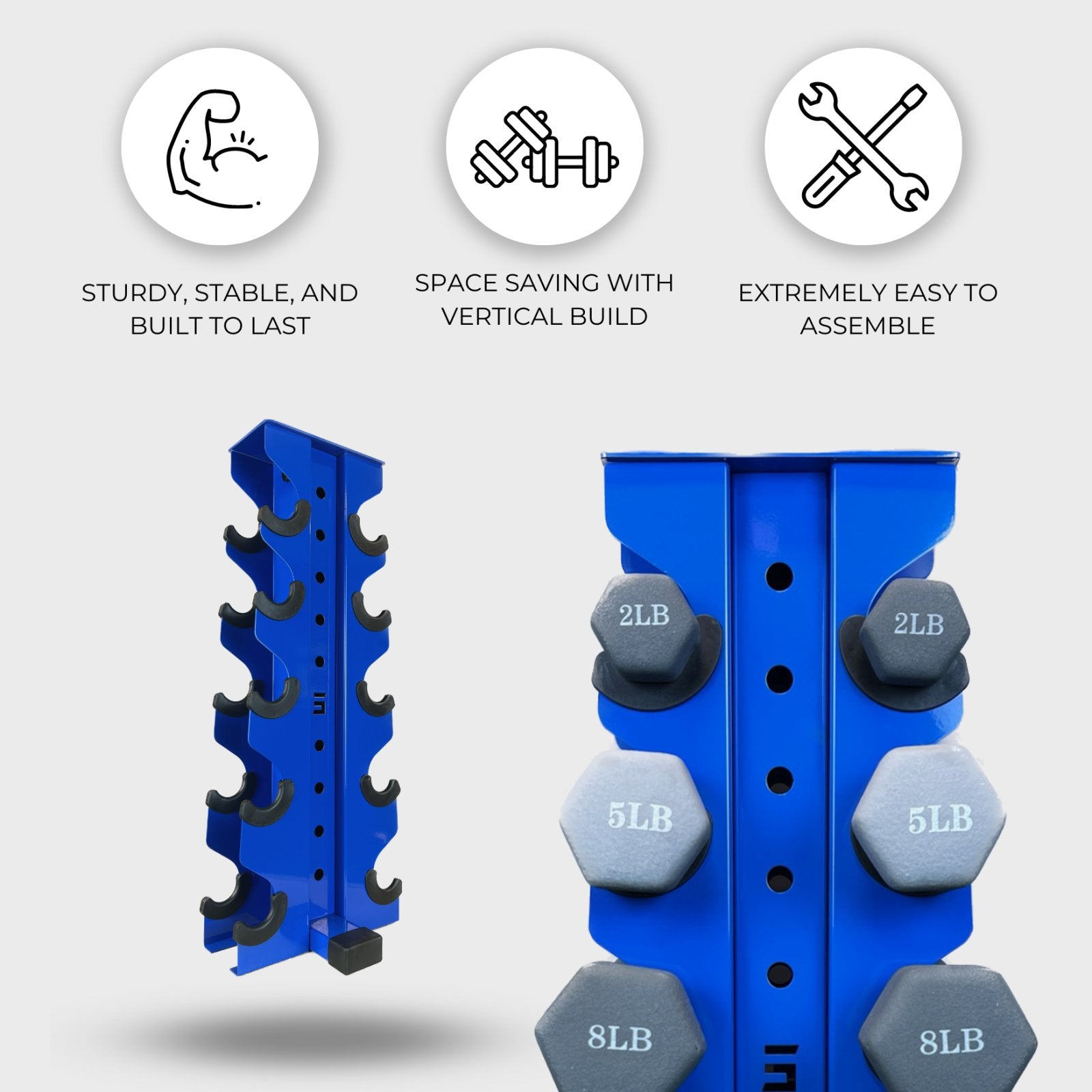 two blue charlie 5-tier vertical dumbbell storage racks, one loaded with neoprene dumbbells and one empty, with text reading "sturdy, stable, and built to last", "space saving with vertical build", "extremely easy to assemble"