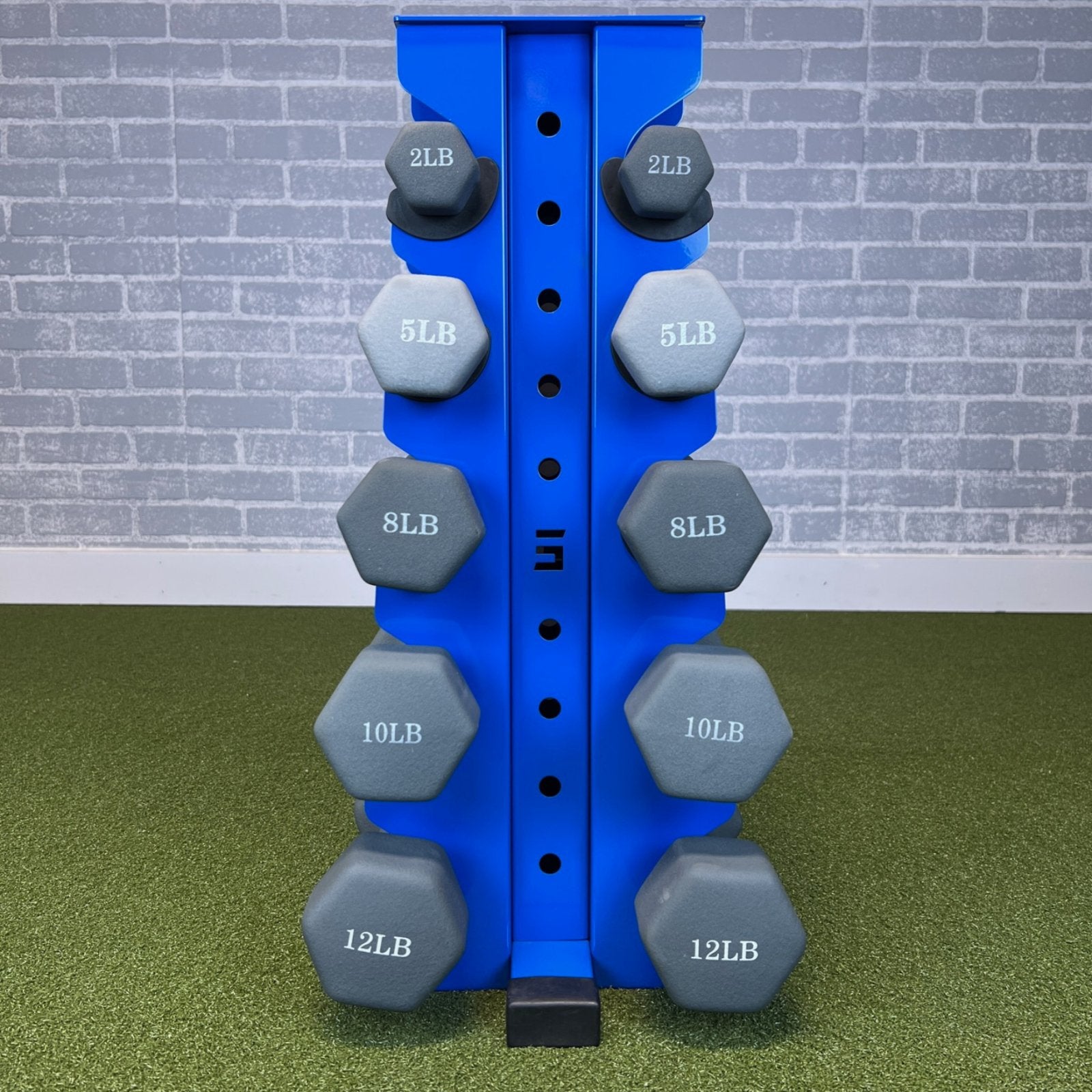 blue charlie 5-tier vertical dumbbell storage rack loaded with neoprene dumbbells