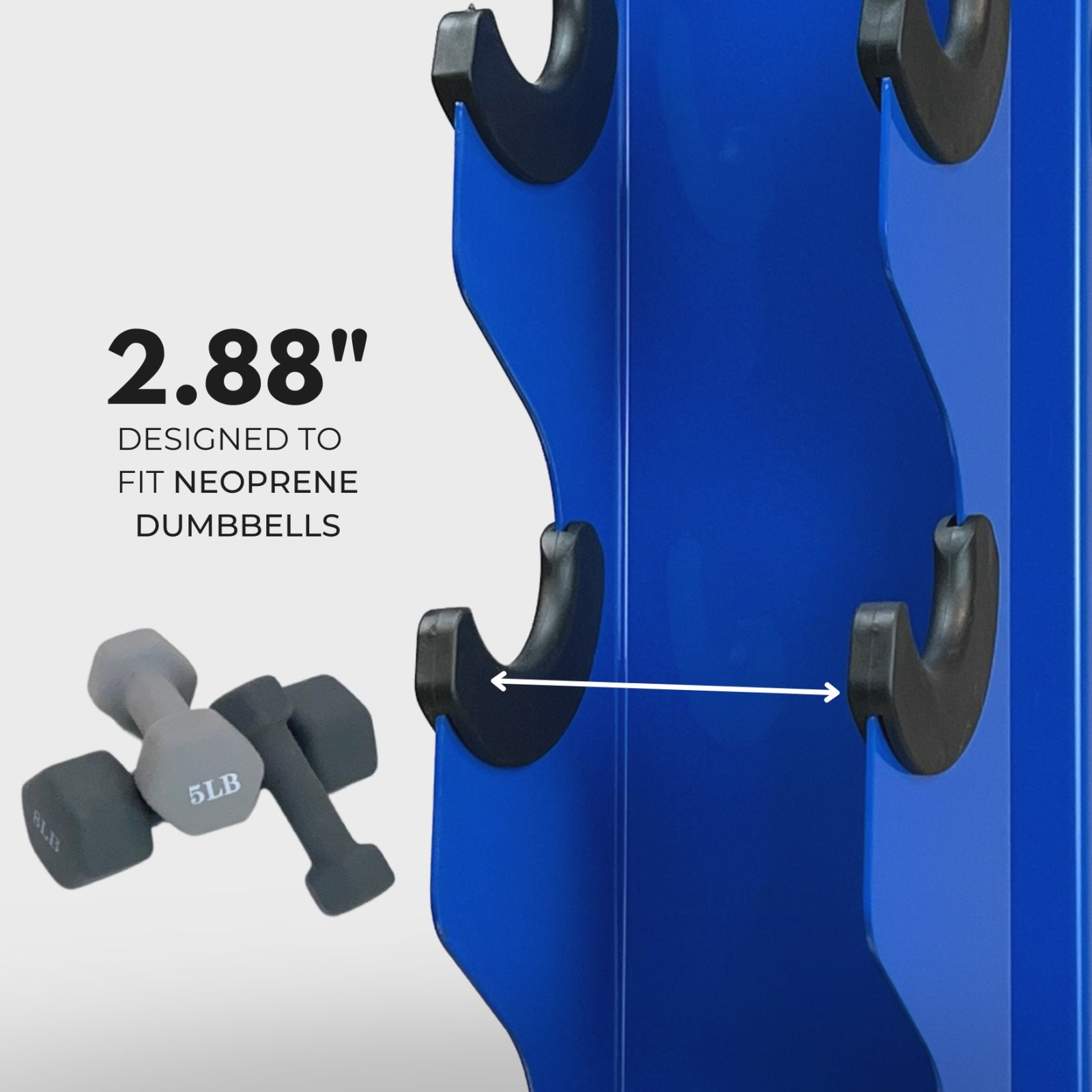 blue charlie 5-tier vertical dumbbell storage rack and a stack of neoprene dumbbells with text reading "2.88 inches: designed to fit neoprene dumbbells" with an arrow indicating the distance between tiers