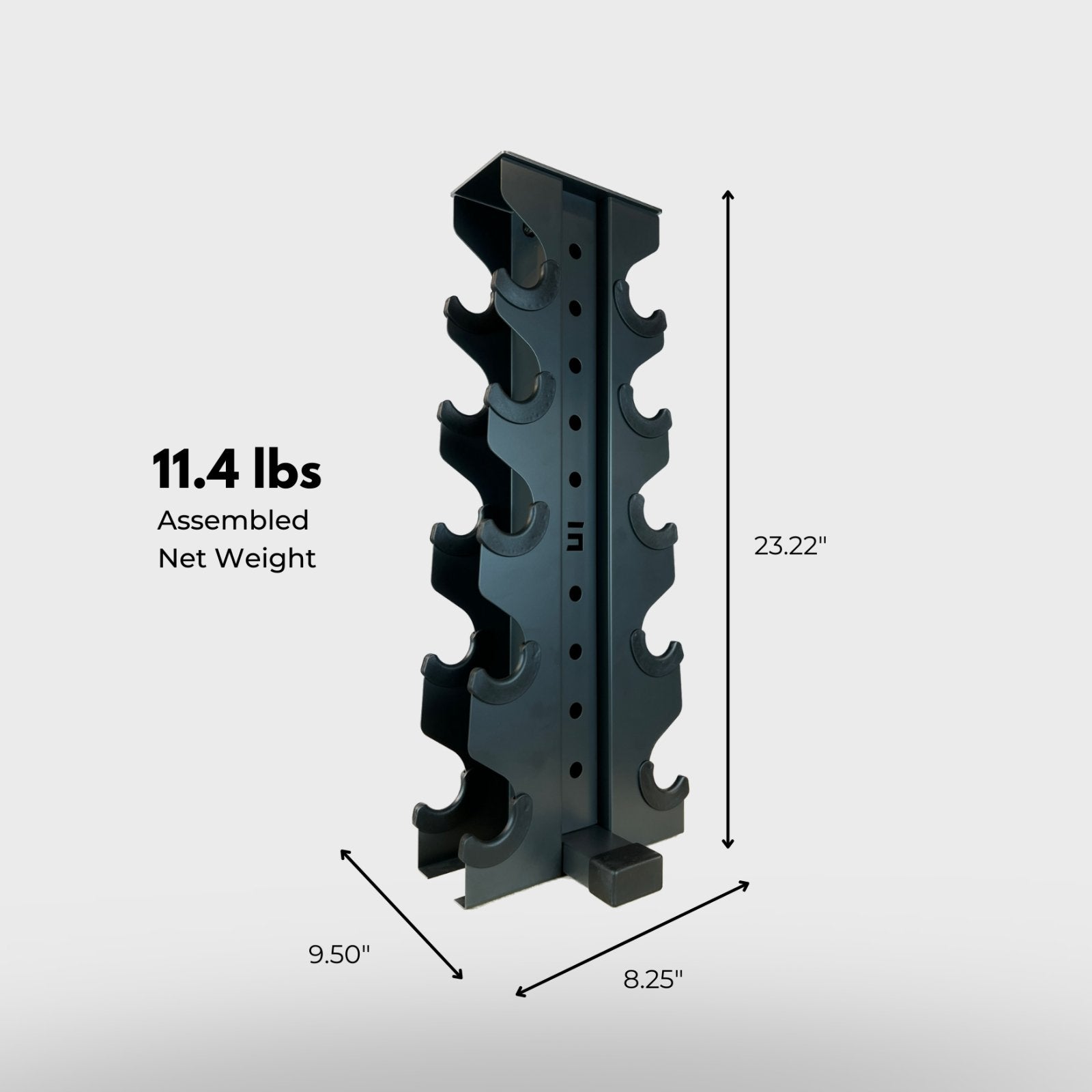 grey charlie 5-tier vertical dumbbell storage rack and its product dimensions