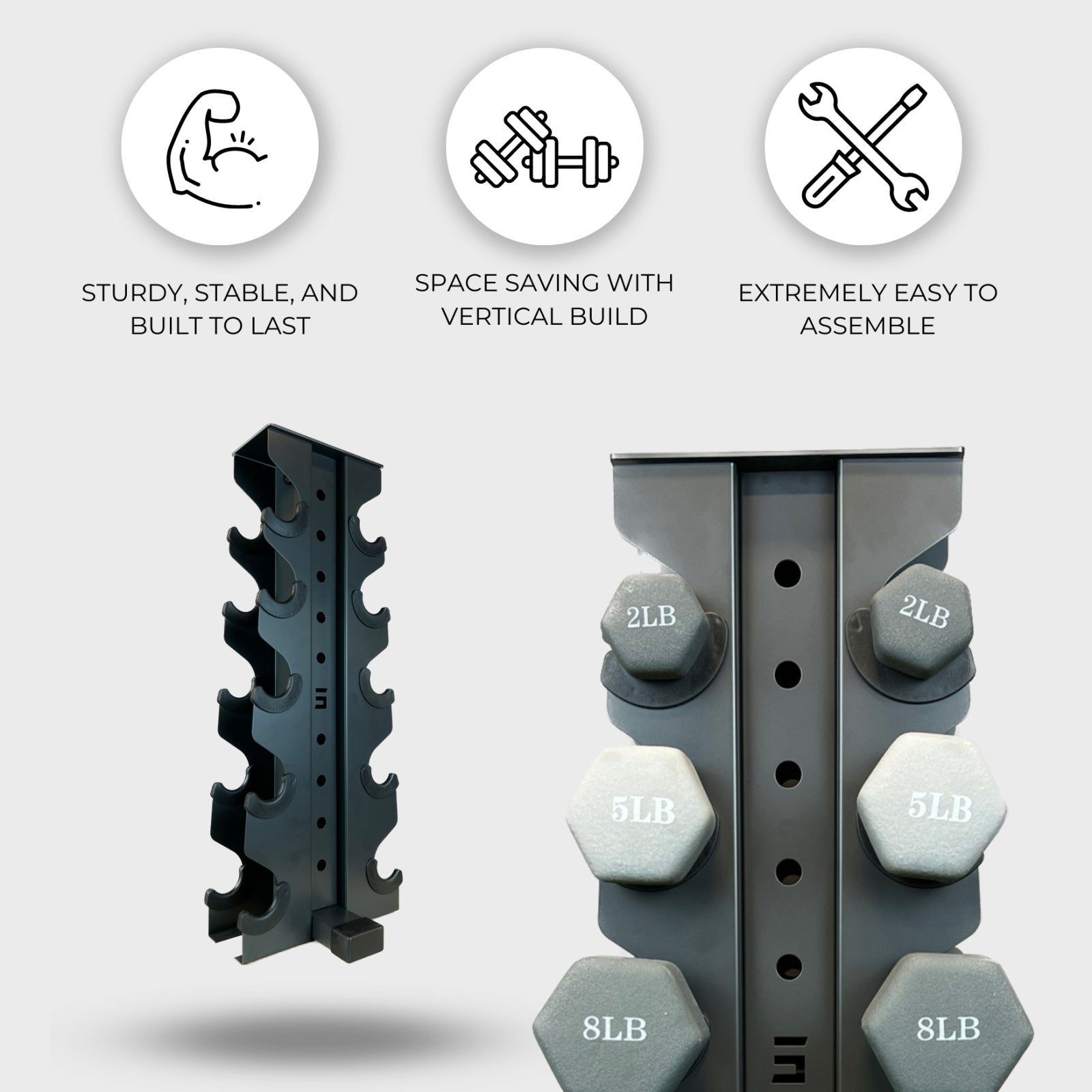 two grey charlie 5-tier vertical dumbbell storage racks, one loaded with neoprene dumbbells and one empty, with text reading "sturdy, stable, and built to last", "space saving with vertical build", "extremely easy to assemble"