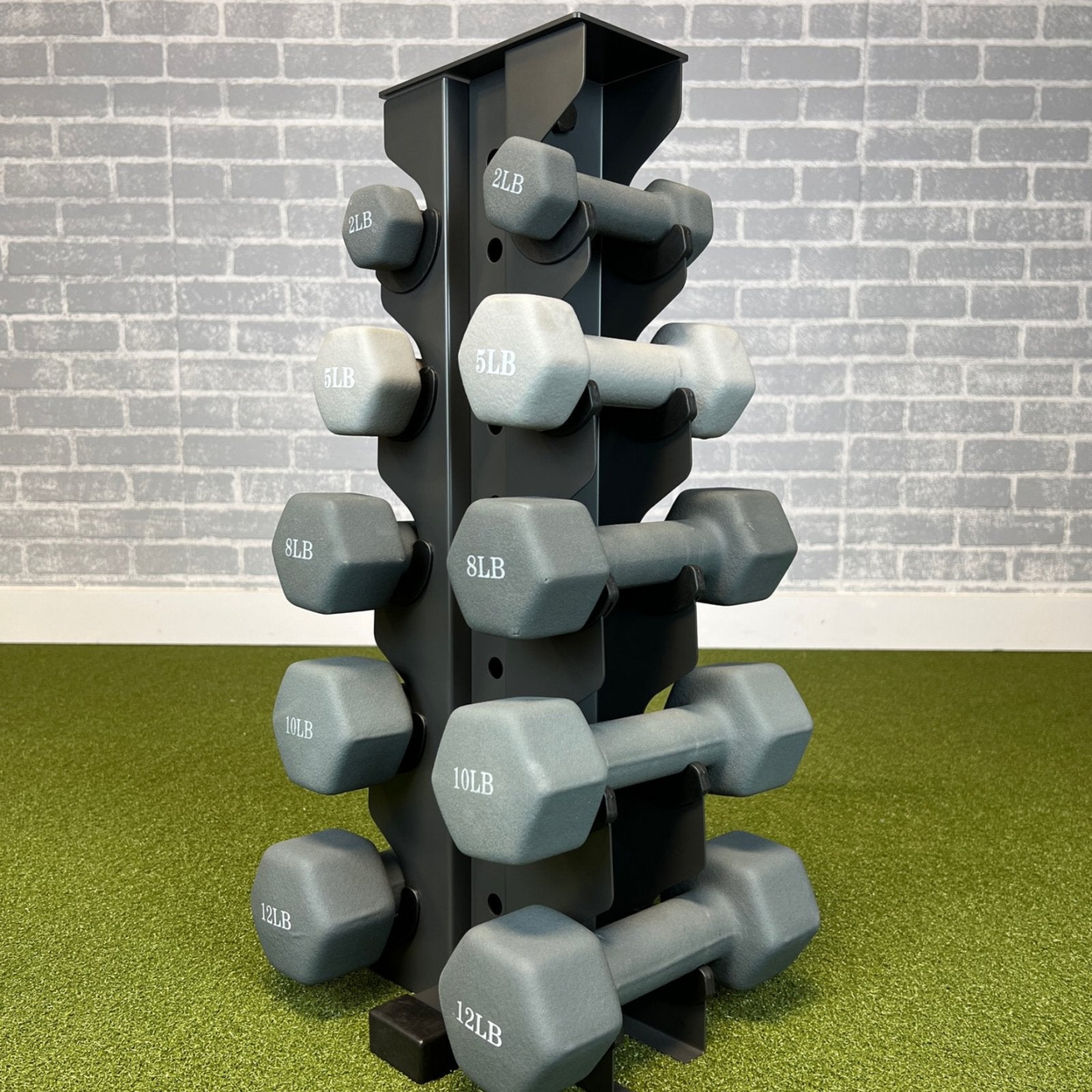 grey charlie 5-tier vertical dumbbell storage rack loaded with neoprene dumbbells