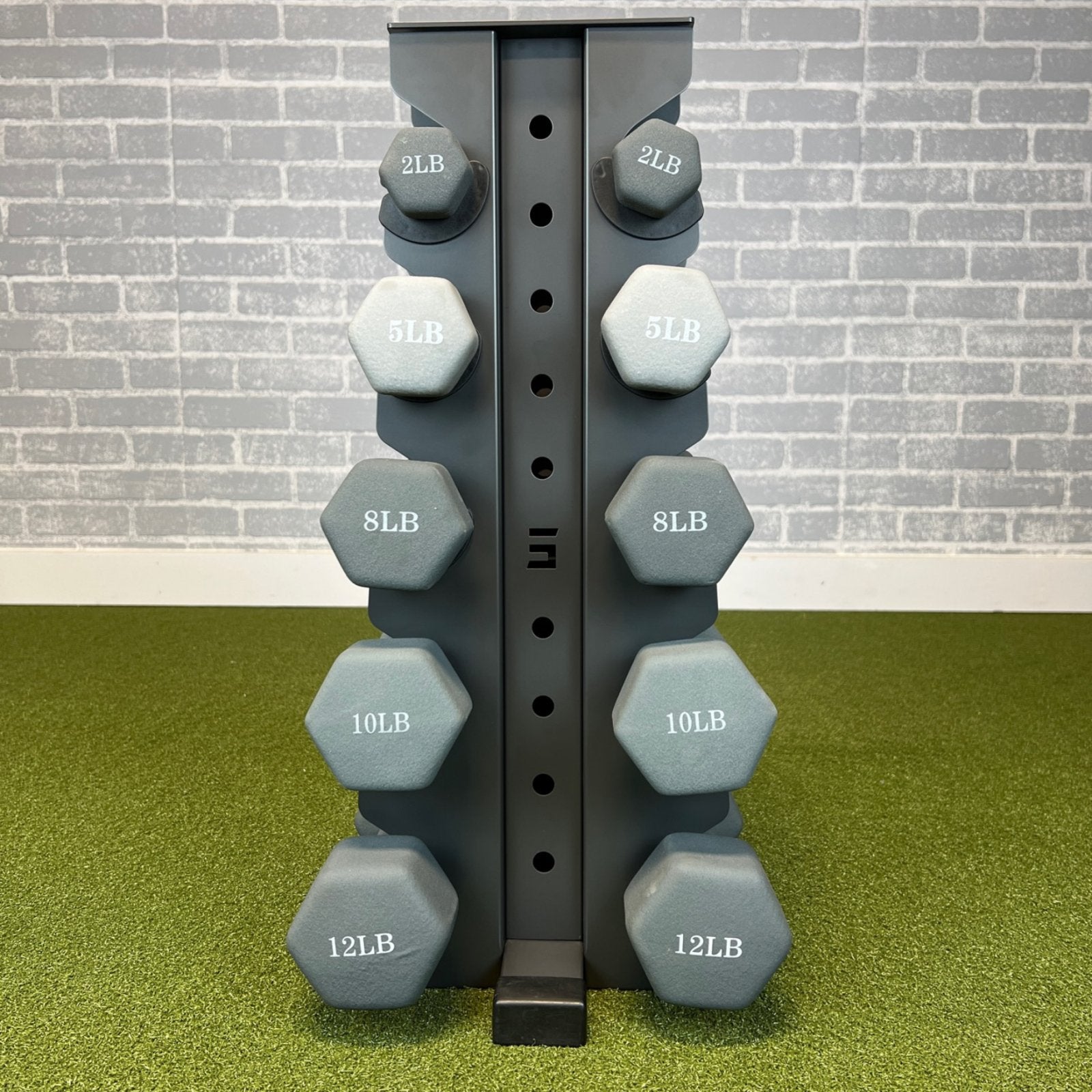 grey charlie 5-tier vertical dumbbell storage rack loaded with neoprene dumbbells