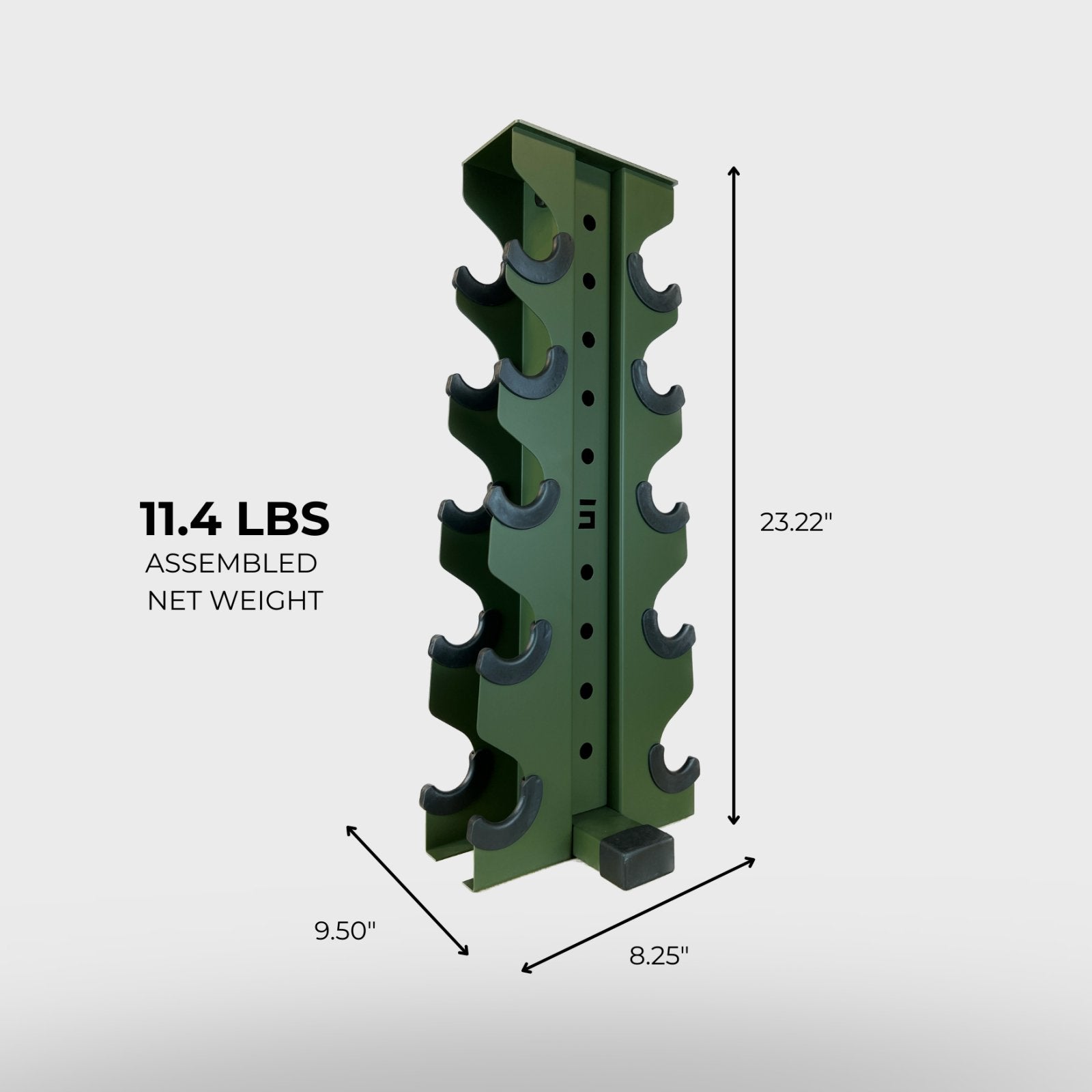 military green charlie 5-tier vertical dumbbell storage rack and its product dimensions