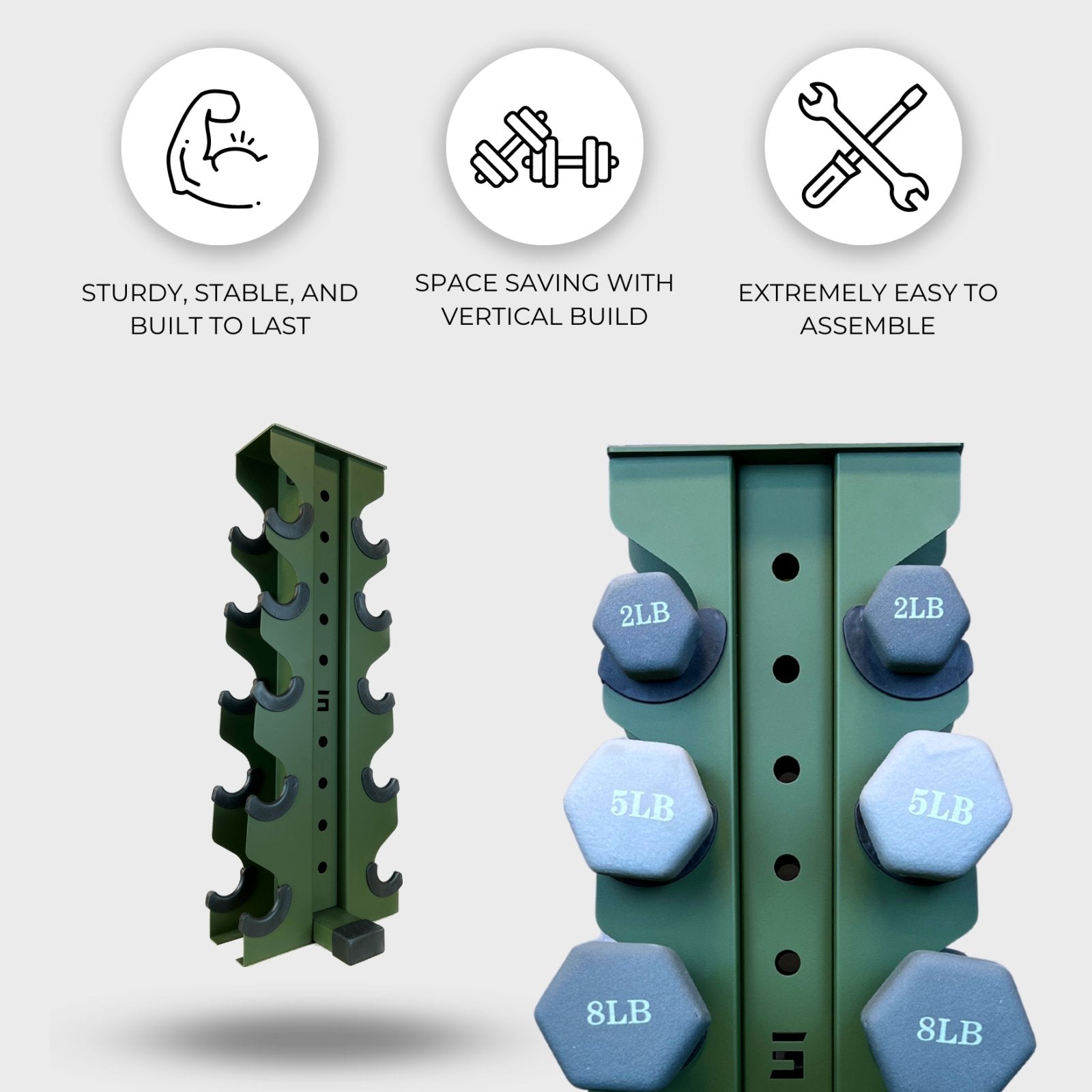 two military green charlie 5-tier vertical dumbbell storage racks, one loaded with neoprene dumbbells and one empty, with text reading "sturdy, stable, and built to last", "space saving with vertical build", "extremely easy to assemble"