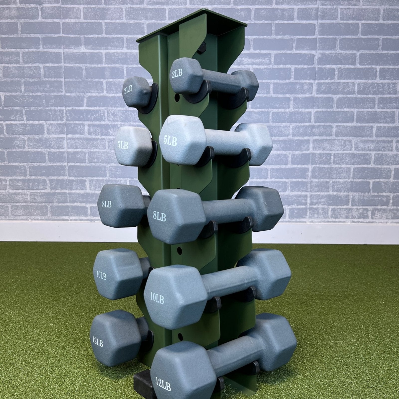 military green charlie 5-tier vertical dumbbell storage rack loaded with neoprene dumbbells