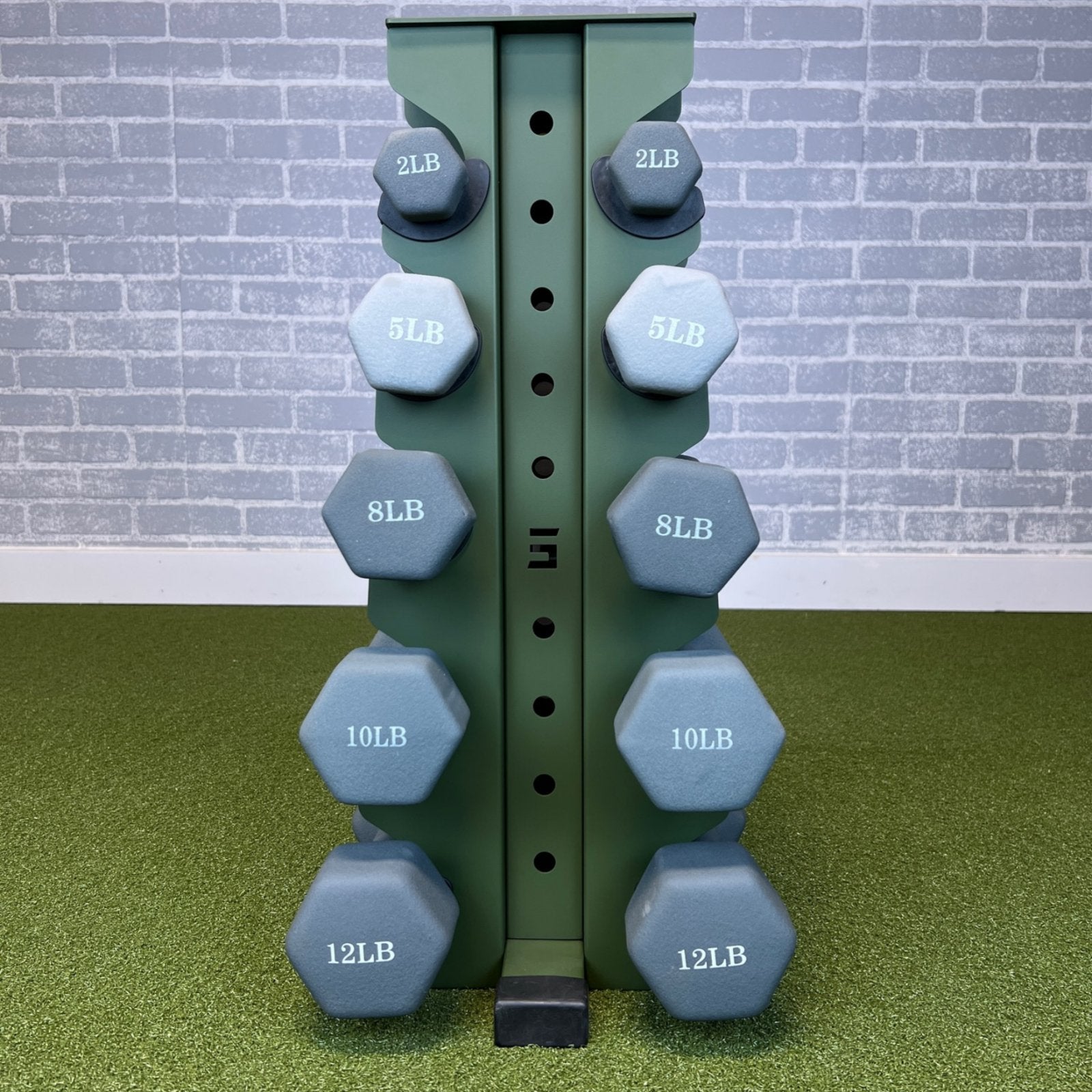 military green charlie 5-tier vertical dumbbell storage rack loaded with neoprene dumbbells