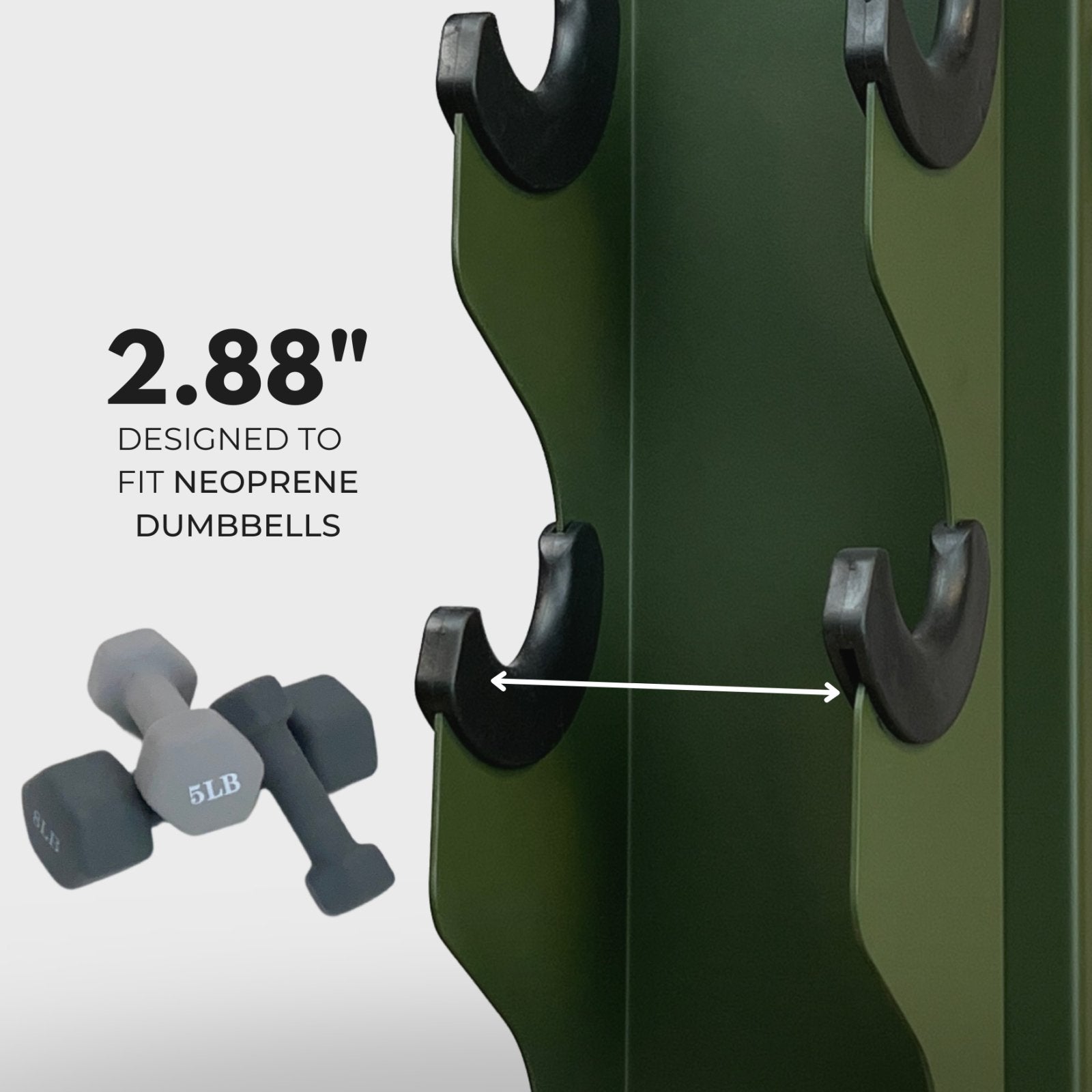 military green charlie 5-tier vertical dumbbell storage rack and a stack of neoprene dumbbells with text reading "2.88 inches: designed to fit neoprene dumbbells" with an arrow indicating the distance between tiers