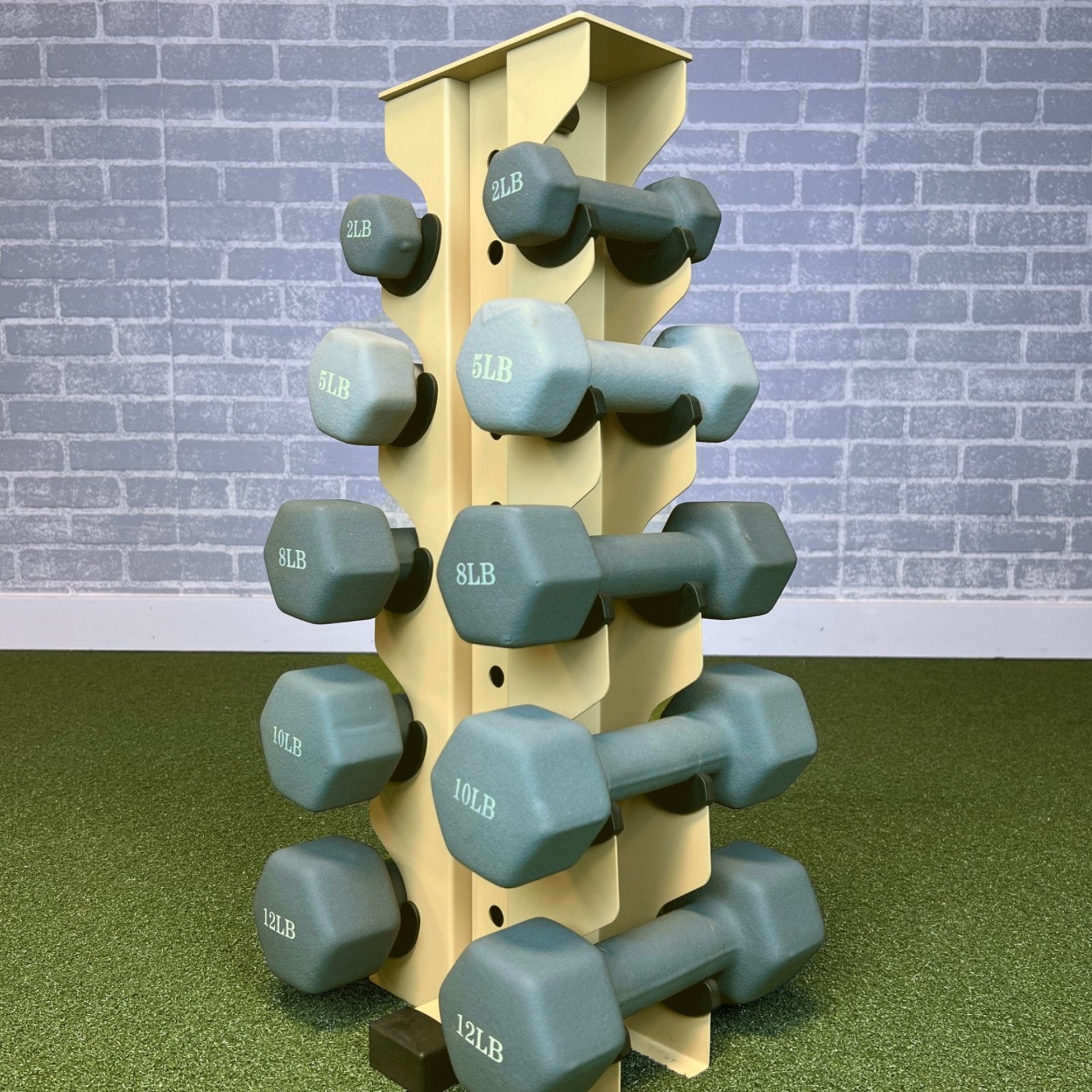 military tan charlie 5-tier vertical dumbbell storage rack loaded with neoprene dumbbells