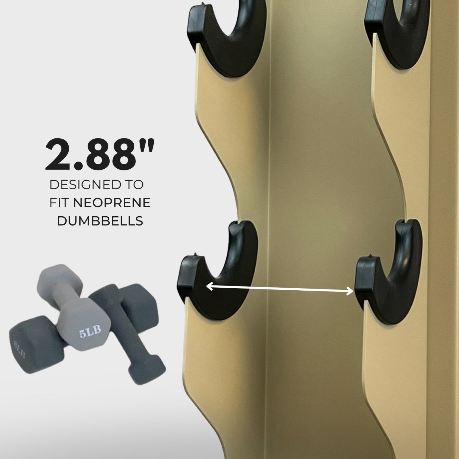 military tan charlie 5-tier vertical dumbbell storage rack and a stack of neoprene dumbbells with text reading "2.88 inches: designed to fit neoprene dumbbells" with an arrow indicating the distance between tiers